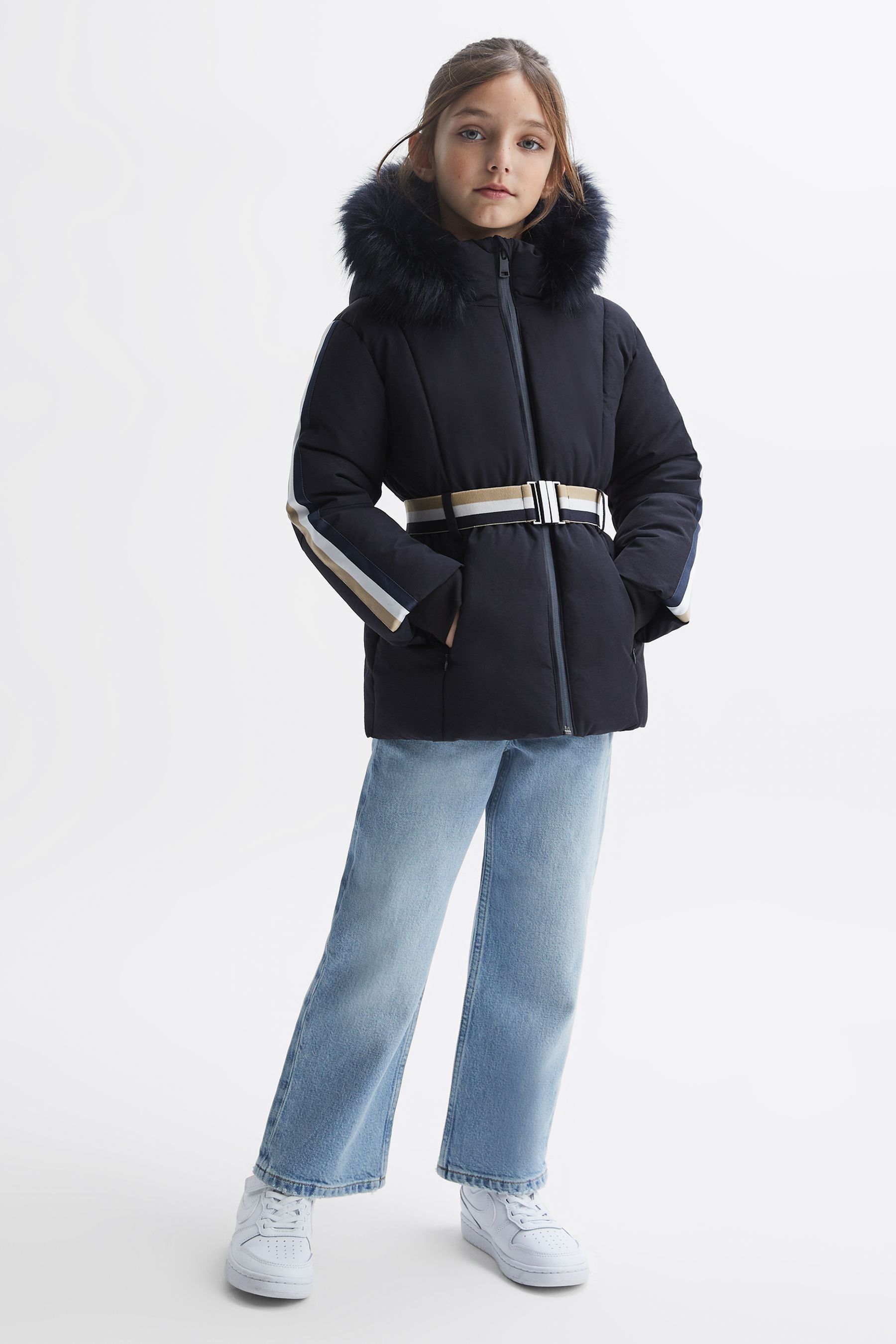 Reiss Cara - Navy Senior Quilted Faux Fur Hooded Coat, Uk 10-11 Yrs