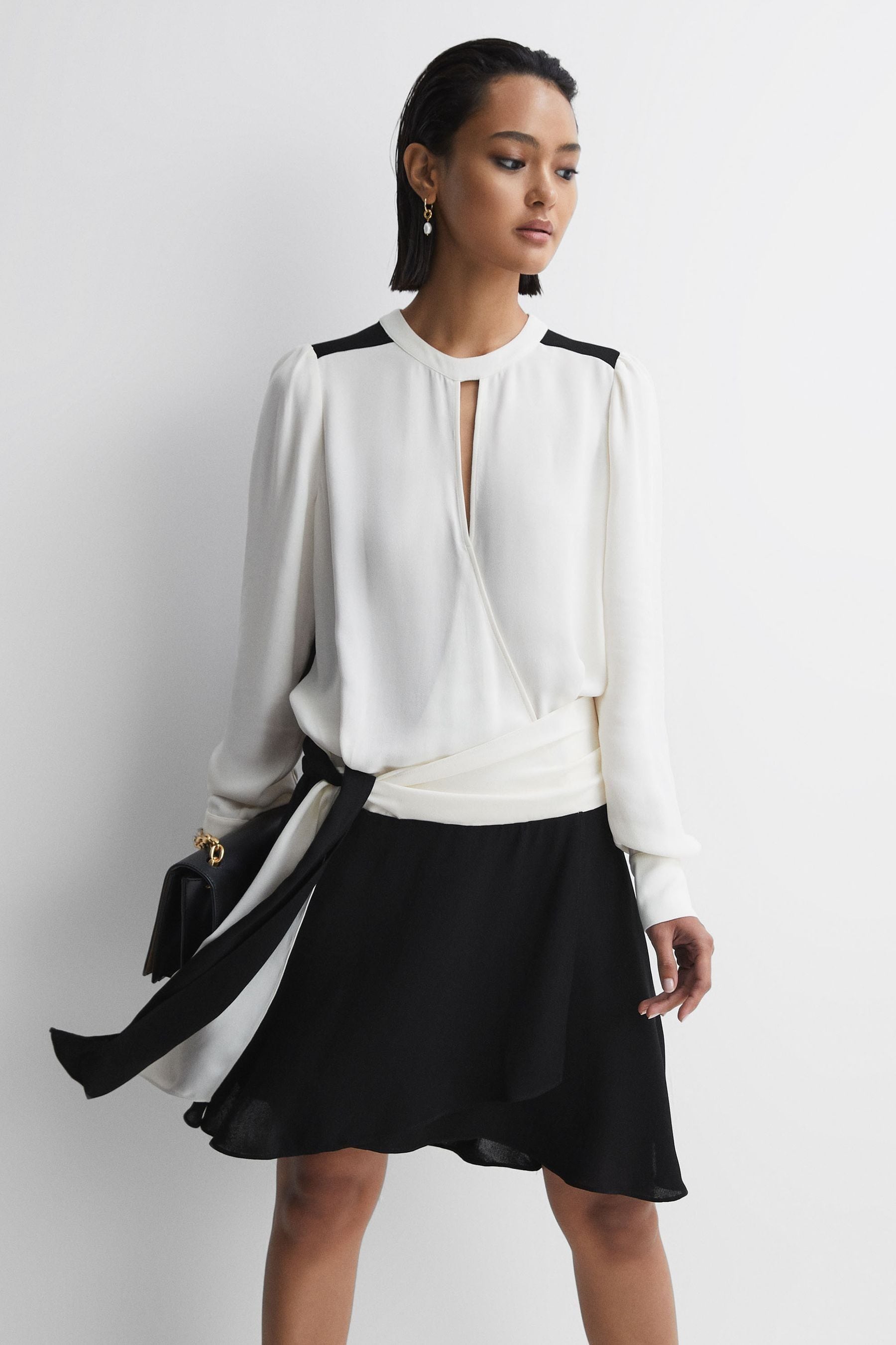 Shop Reiss Sadie - Ivory/black Colourblock Belted Mini Dress, Us 8