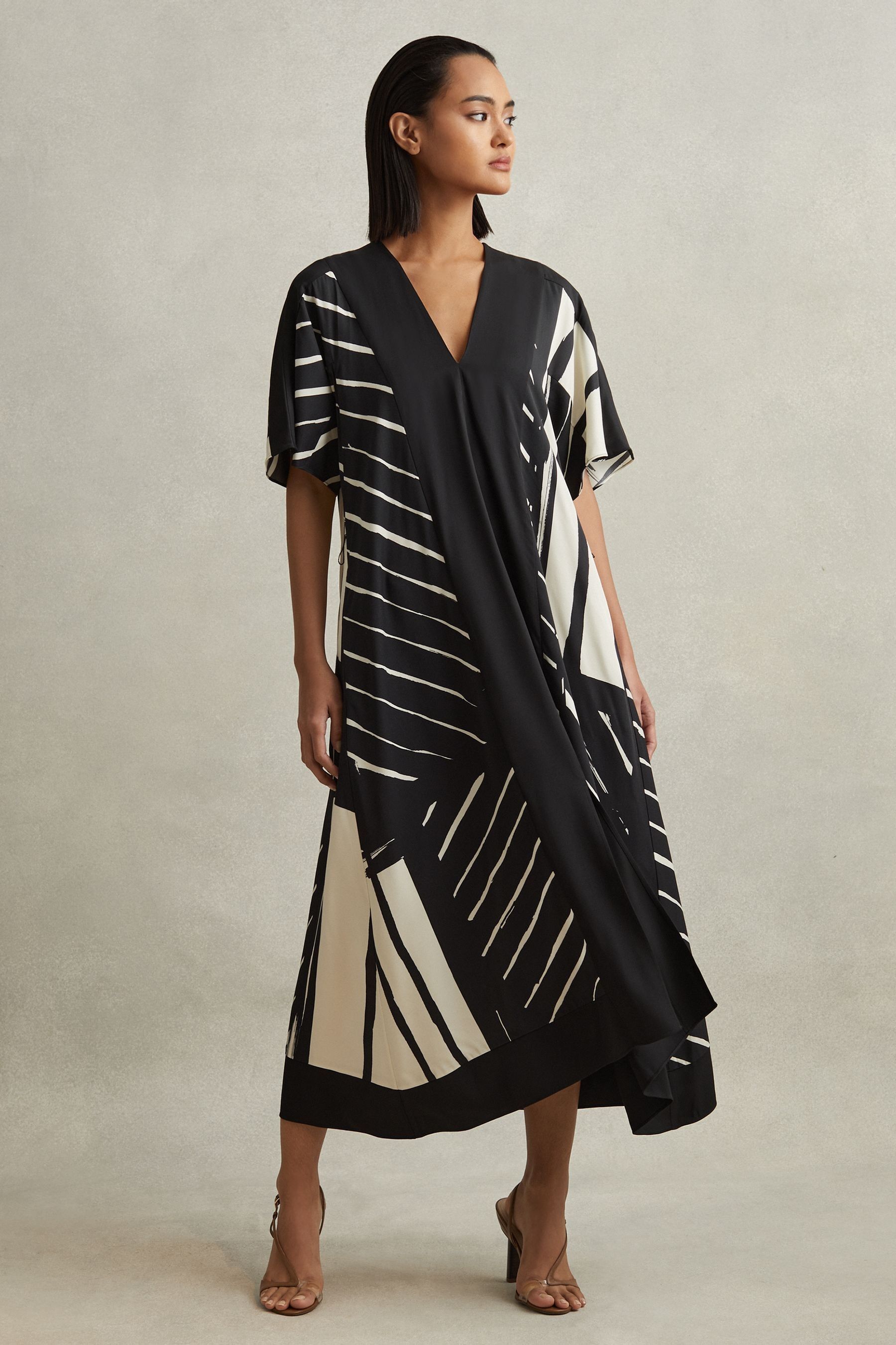 Reiss Cami - Black/White Printed Fit and Flare Midi Dress, 12, Black/Camel