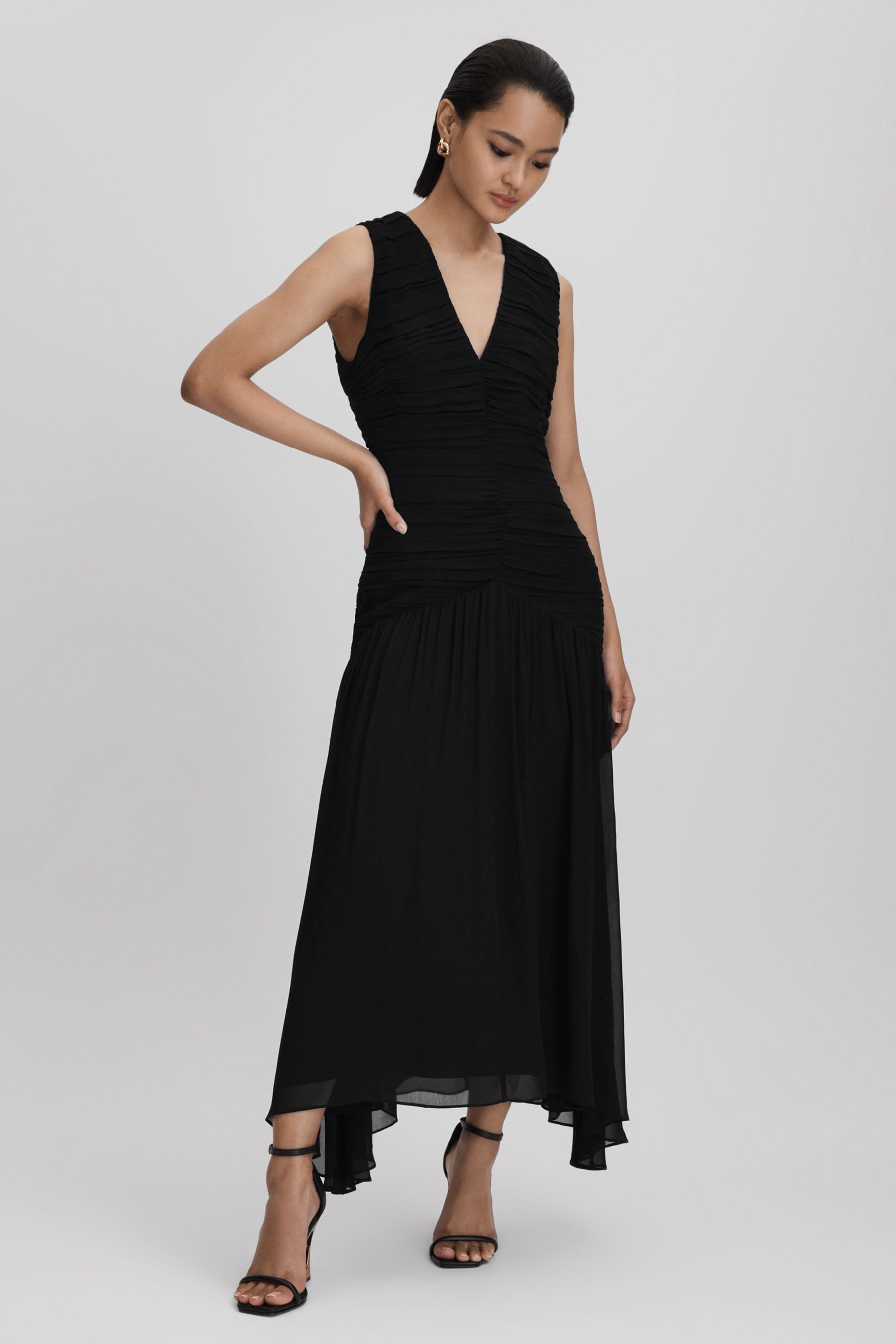 Shop Reiss Saffy - Black Ruched Bodycon Midi Dress, Us 0