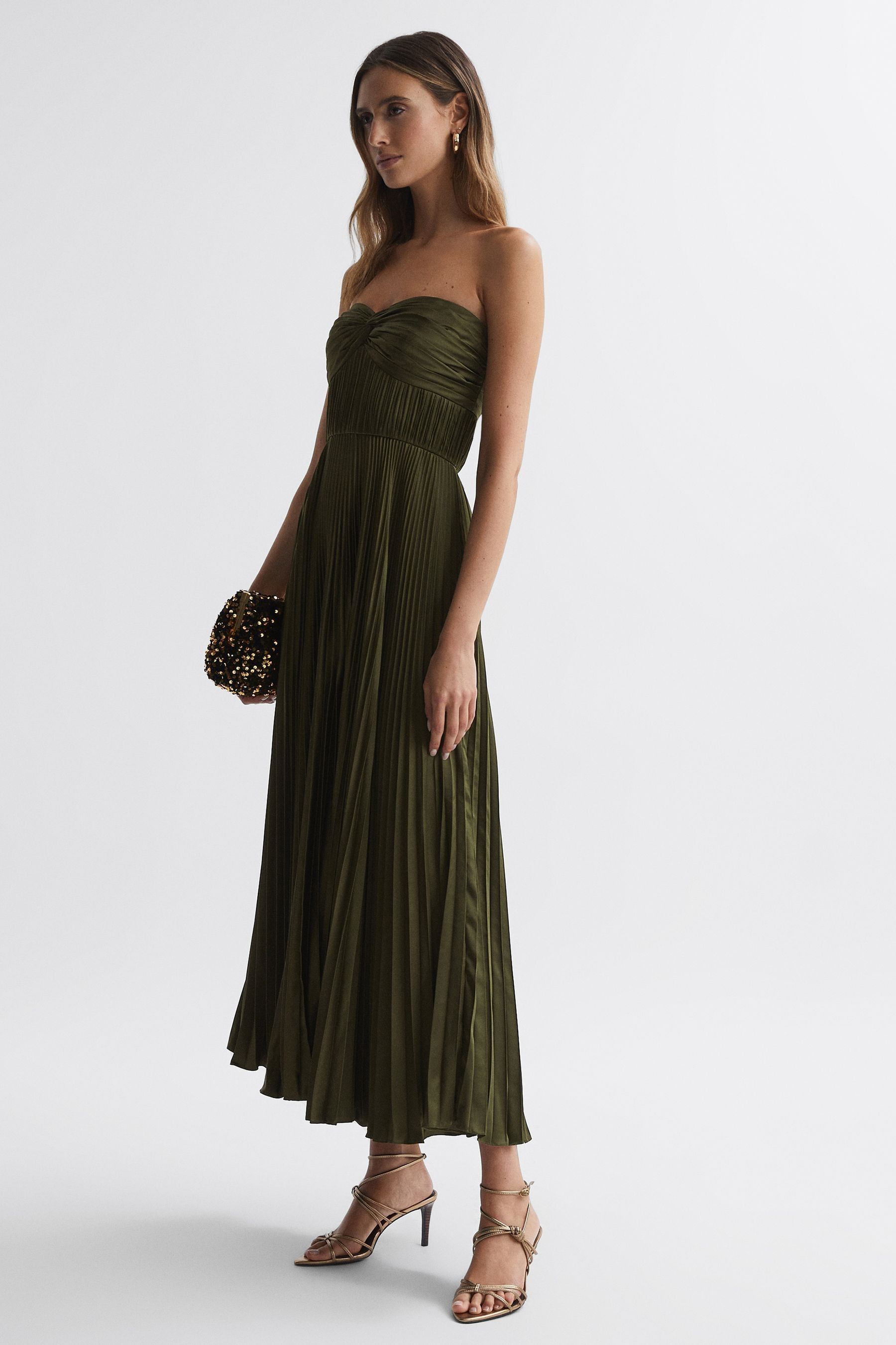 Reiss Belle - Olive Amur Strapless Pleated Maxi Dress, Us 10