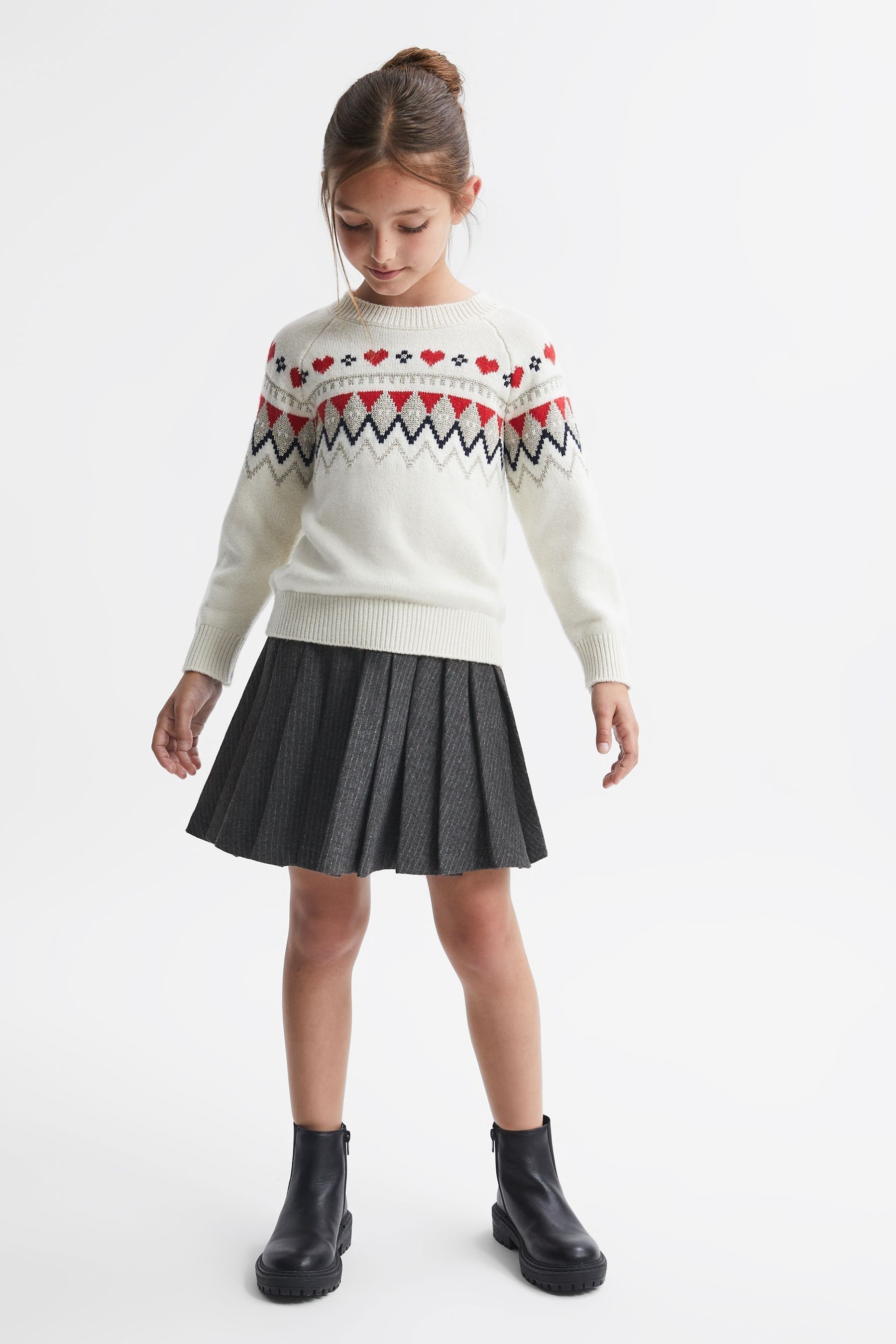 Reiss Kids' Marcie - Dark Grey Senior Wool Blend Striped Pleated Skirt, Uk 9-10 Yrs