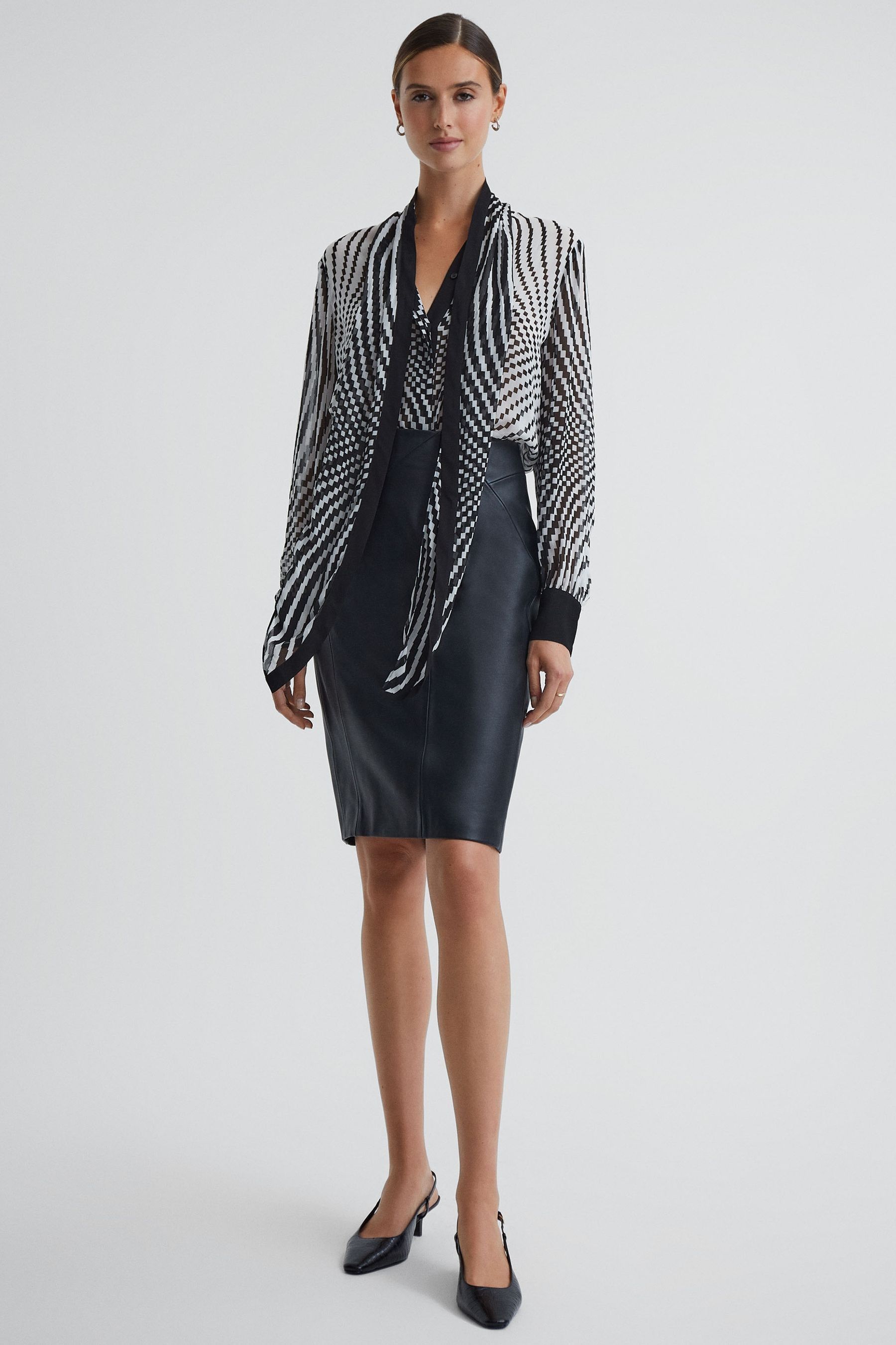 Reiss Black/White Check Tie Neck Blouse, 8