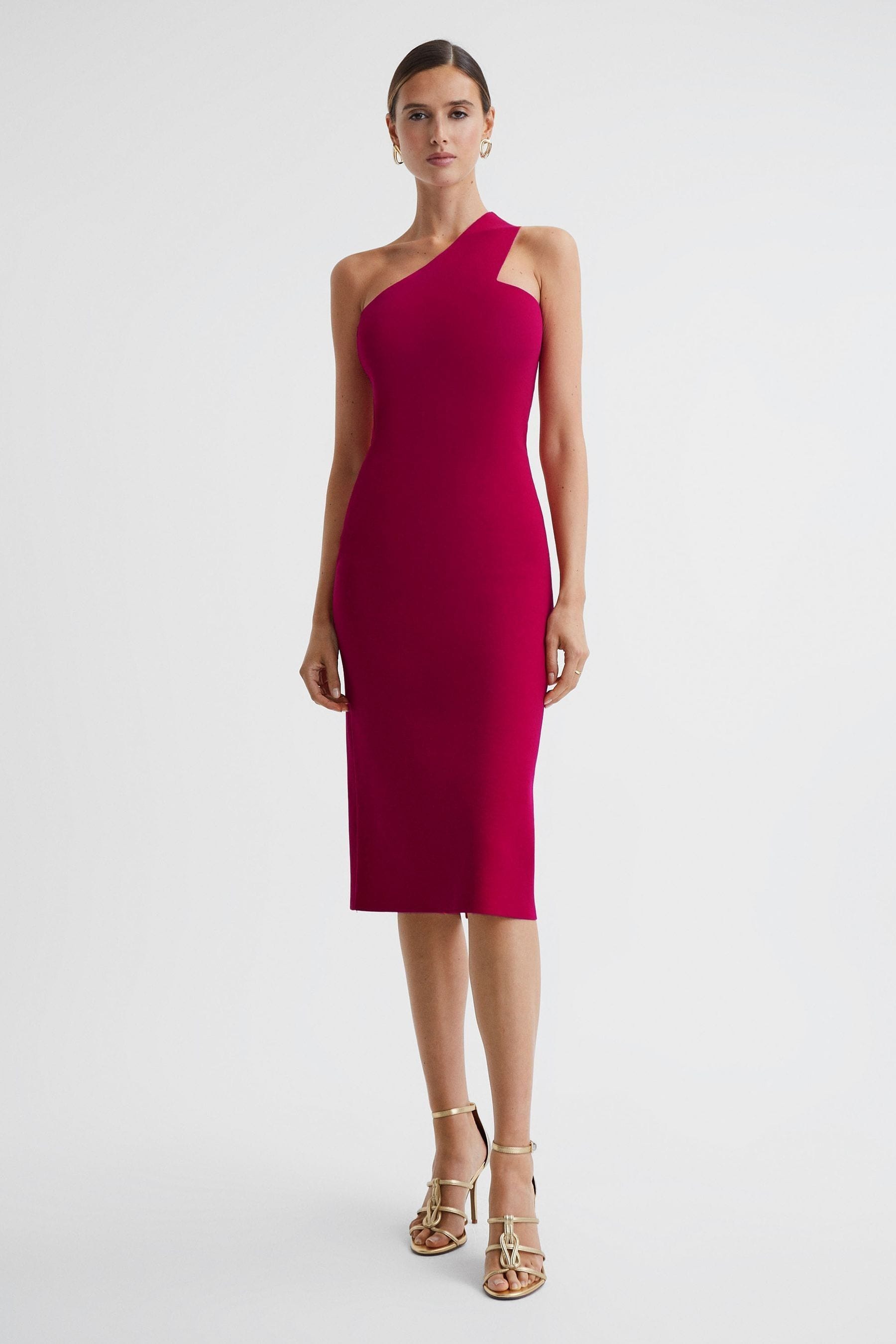 Reiss Lola - Pink Knitted One Shoulder Bodycon Midi Dress, S