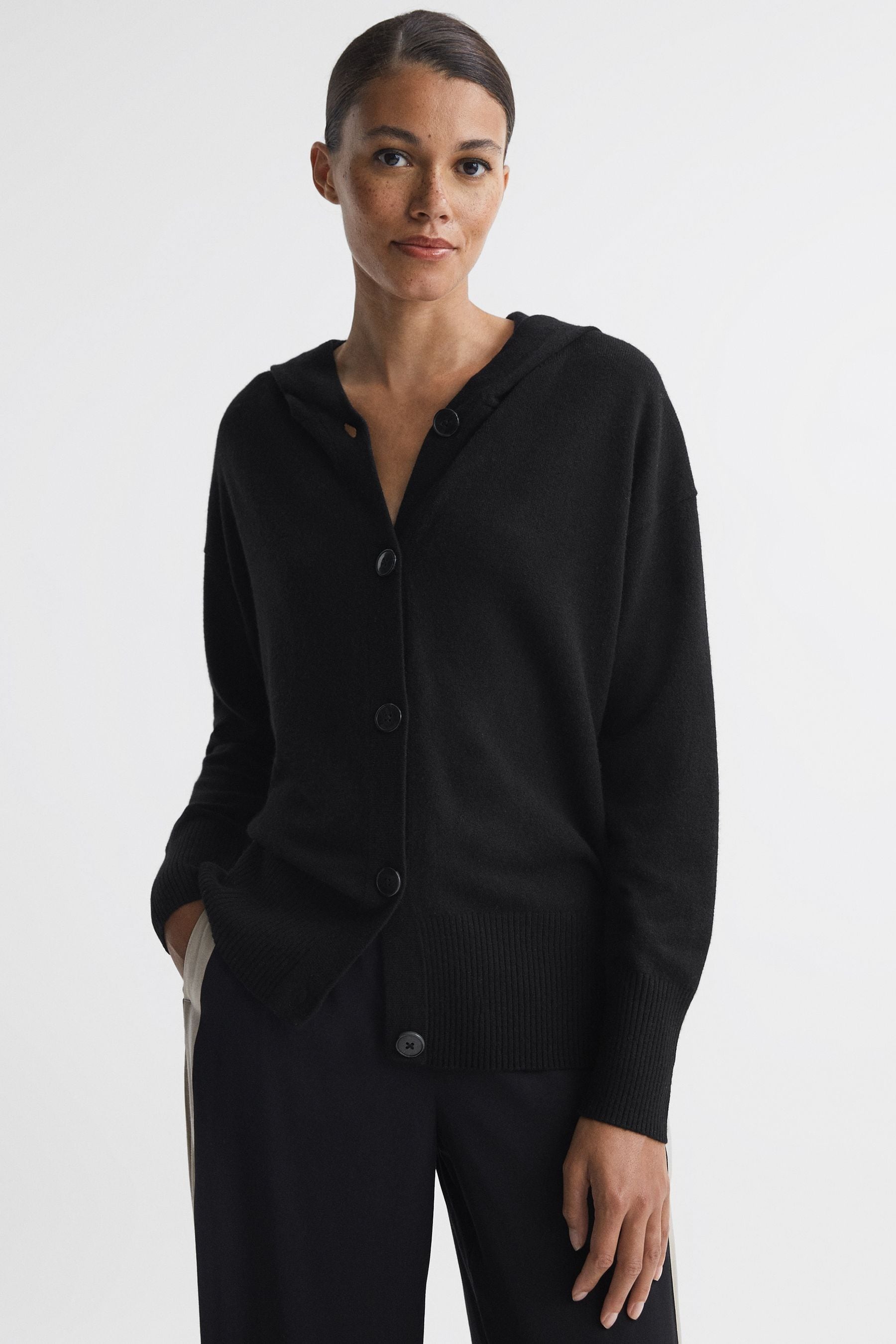 Reiss Evie - Black Wool Blend Hooded Cardigan, M