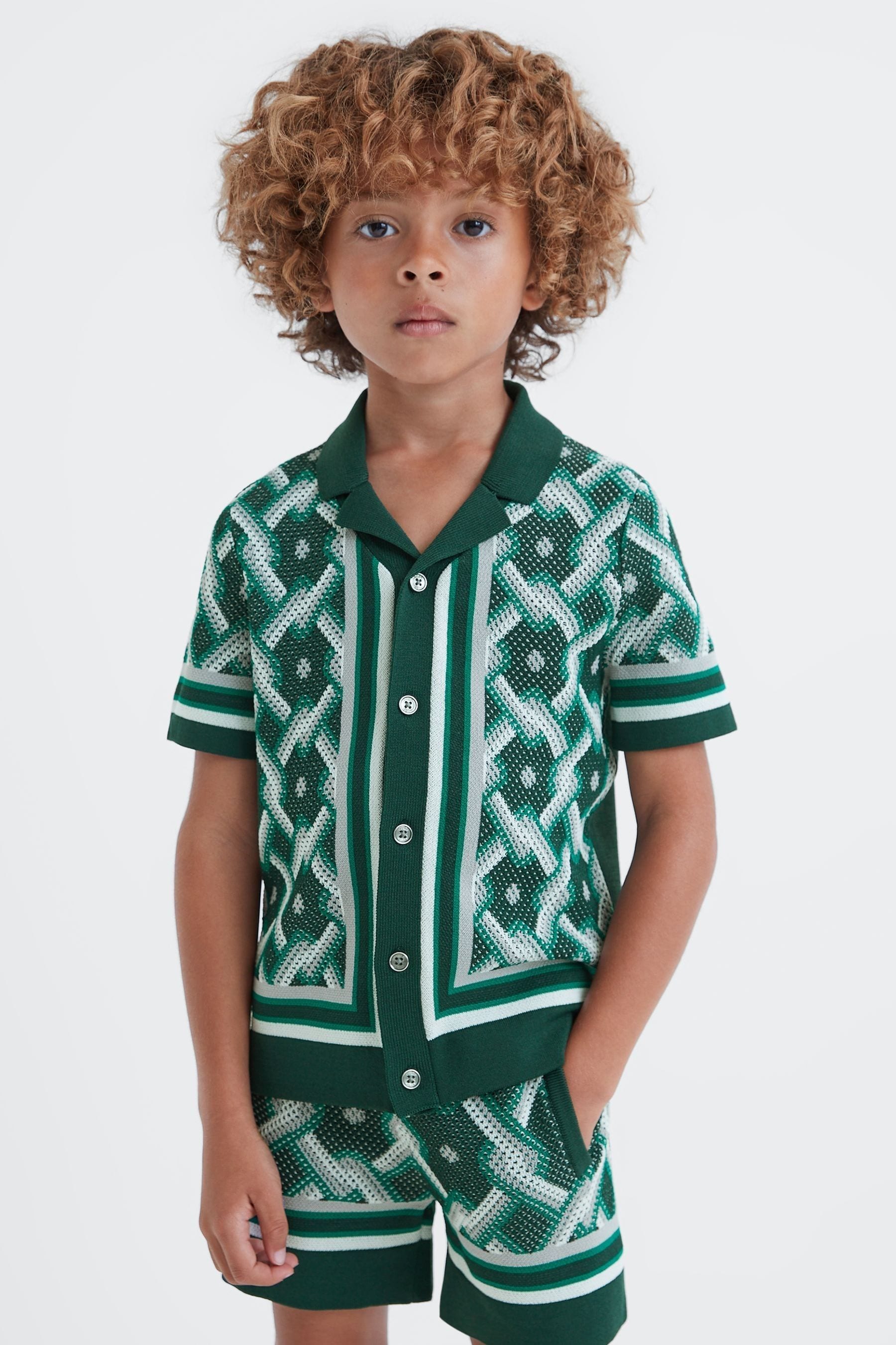Shop Reiss Hyde - Green Multi Knitted Cuban Collar Button-through Shirt, Age 8-9 Years