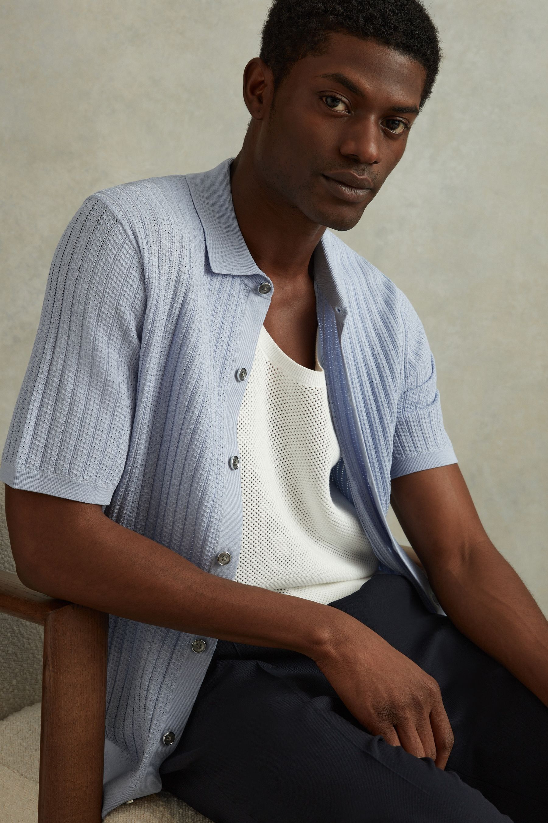 Reiss Murray - Soft Blue Textured Knitted Shirt, L