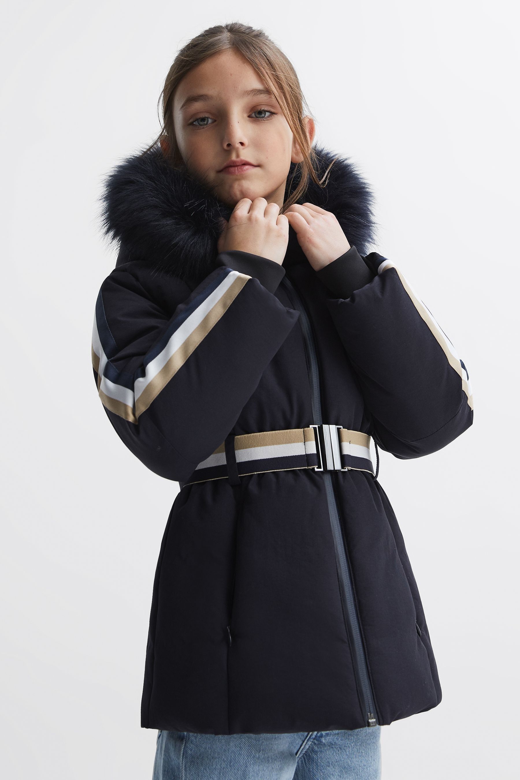 Reiss Cara - Navy Junior Quilted Faux Fur Hooded Coat, Age 8-9 Years
