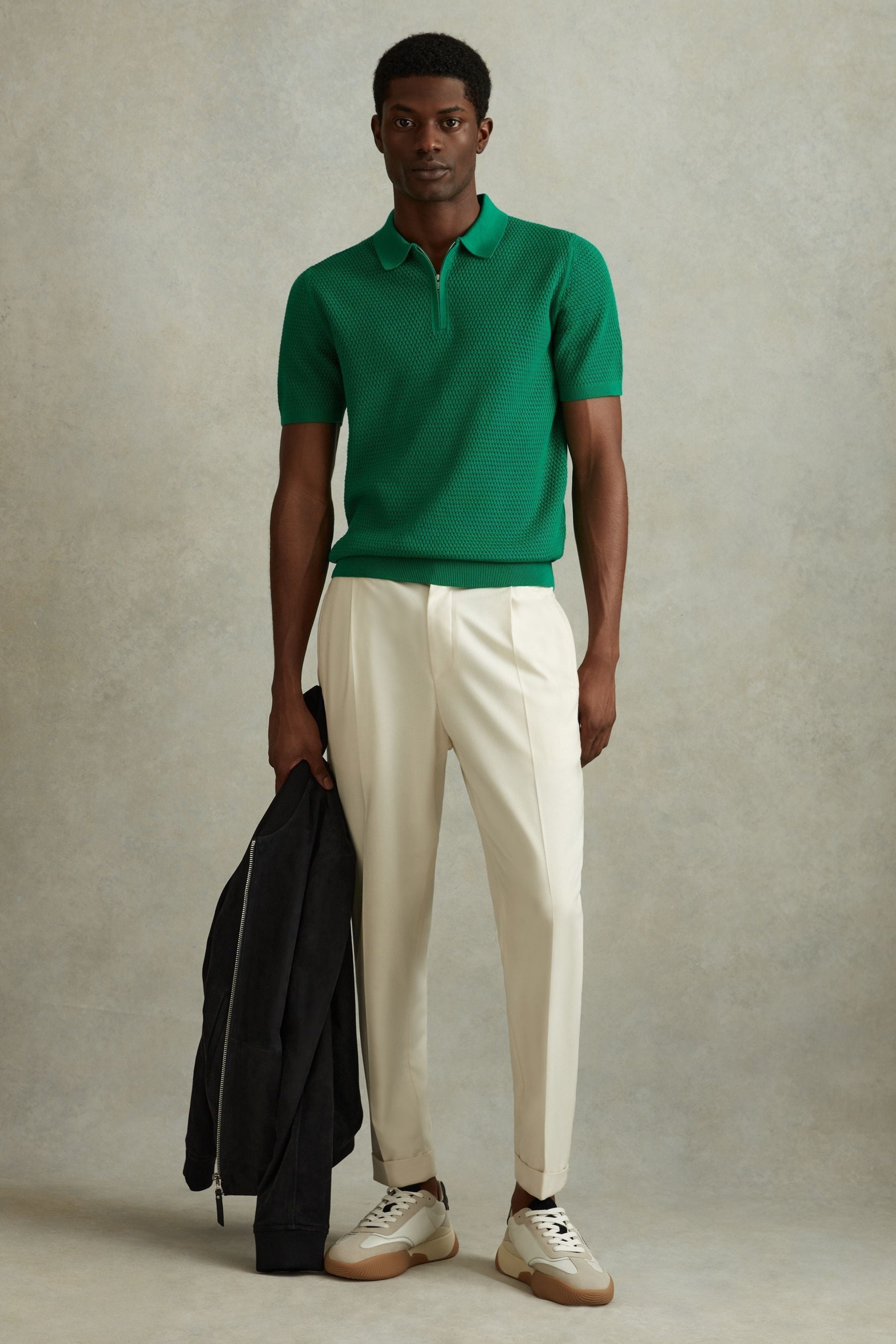 Shop Reiss Burnham - Bright Green Cotton Blend Textured Half Zip Polo Shirt, S
