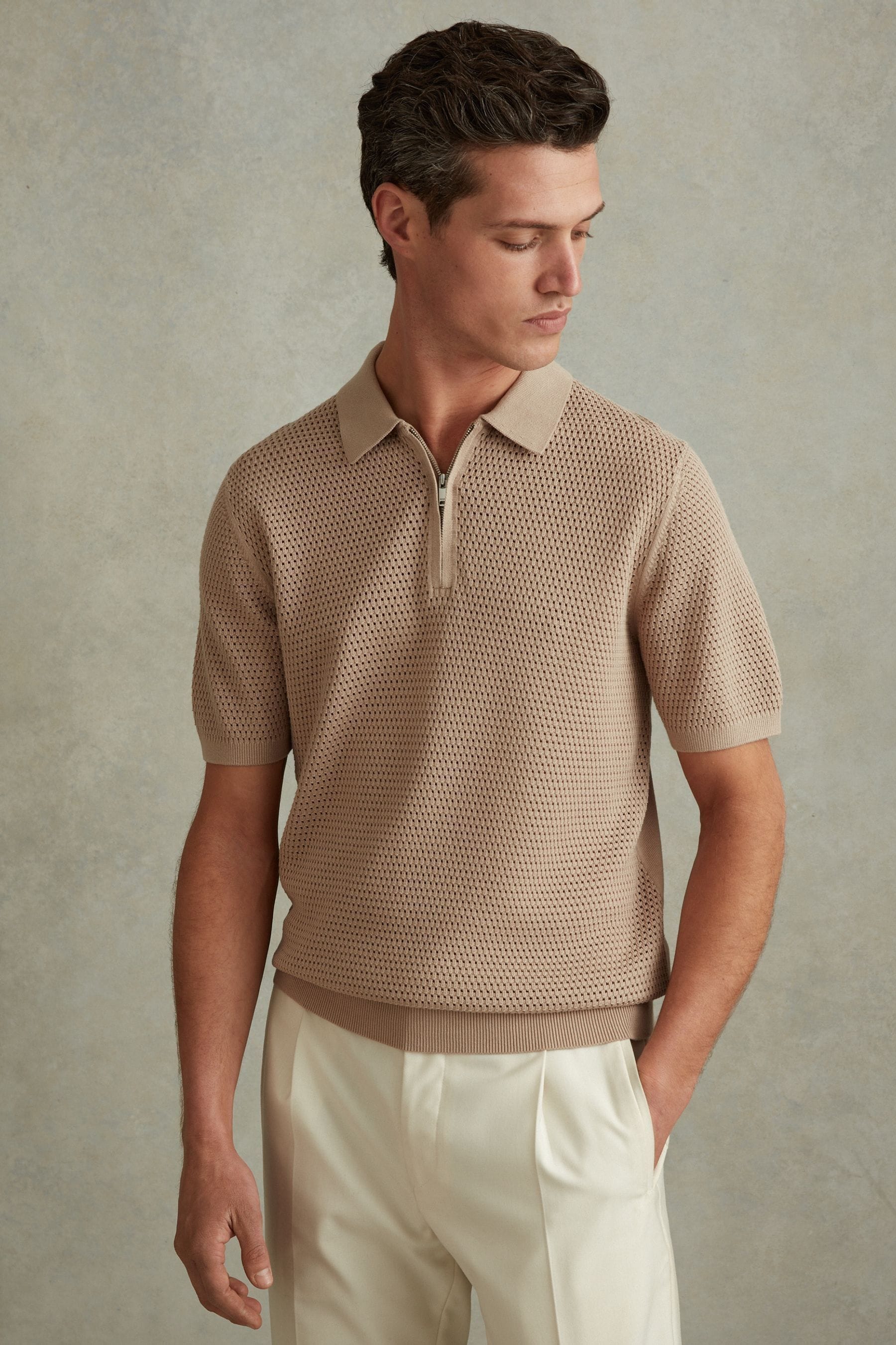 Shop Reiss Burnham - Taupe Cotton Blend Textured Half Zip Polo Shirt, Xs