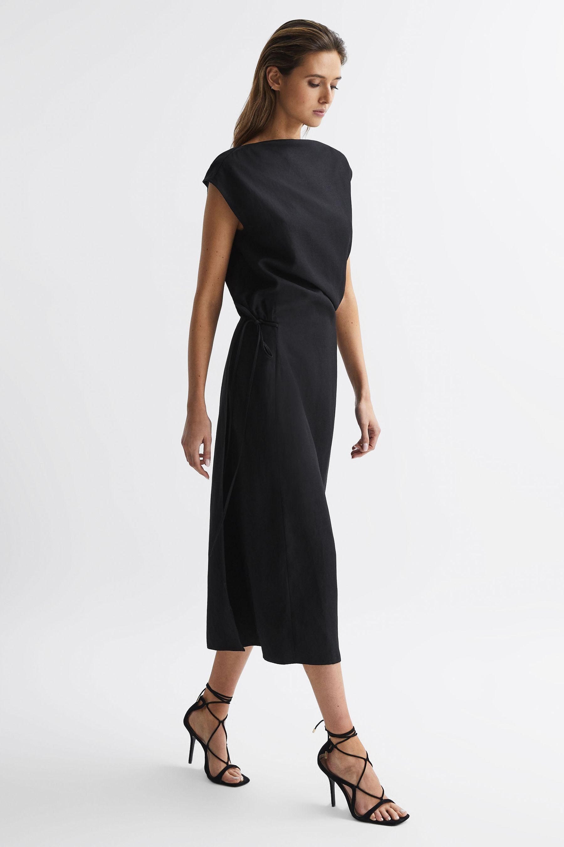 Reiss Paloma - Black Premium Linen Blend Open-back Midi Dress, Us 6