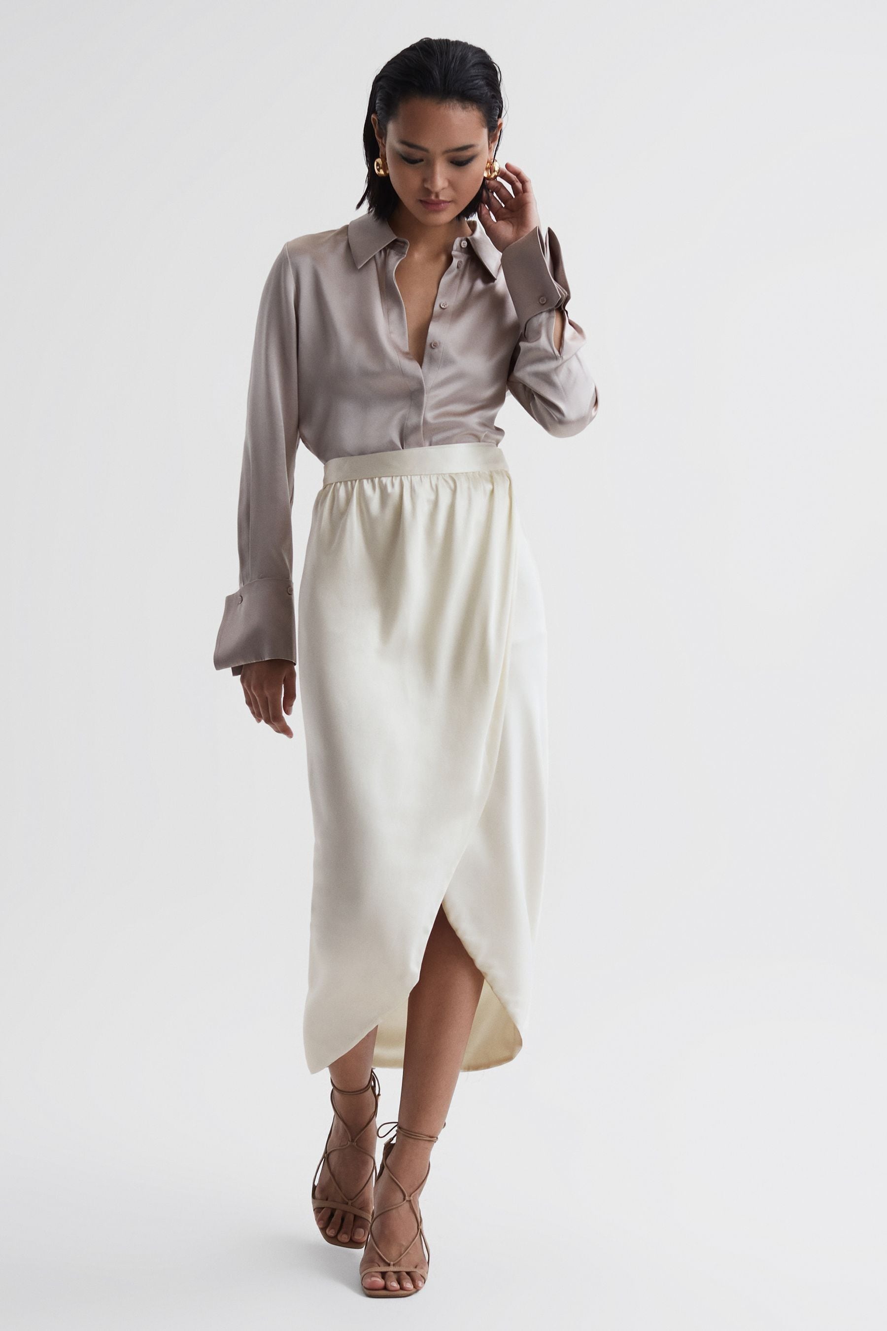 Shop Reiss Tyra - Ivory Silk High-low Wrap Skirt, Us 10