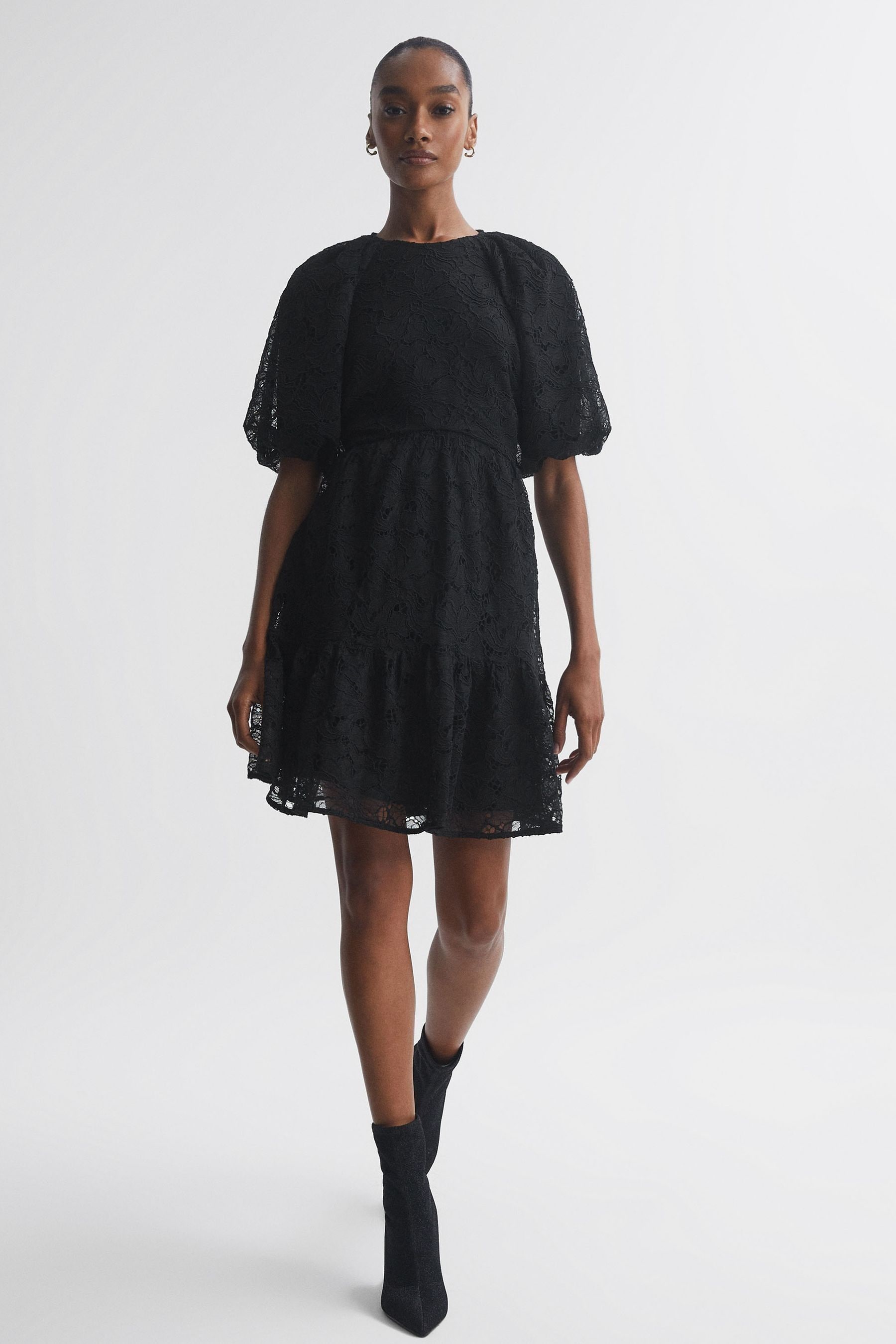 Florere Lace Puff Sleeve Mini Dress In Black