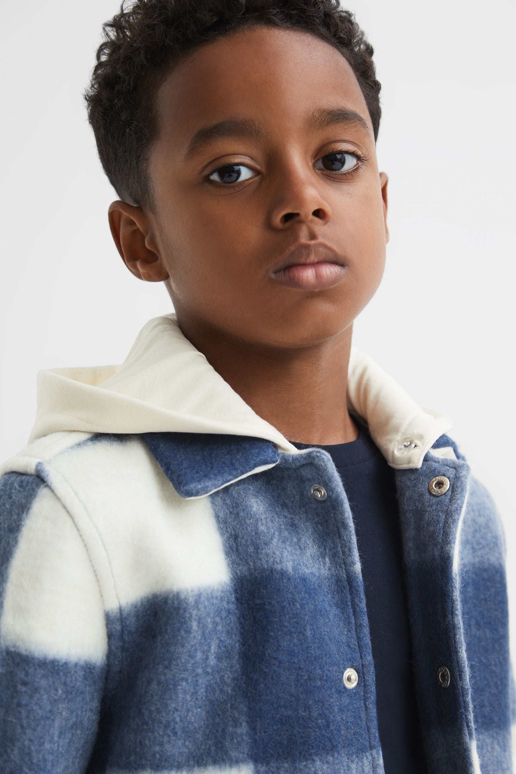 Reiss Kids' Scott - Blue Junior Brushed Removable Hood Check Jacket, Age 6-7 Years