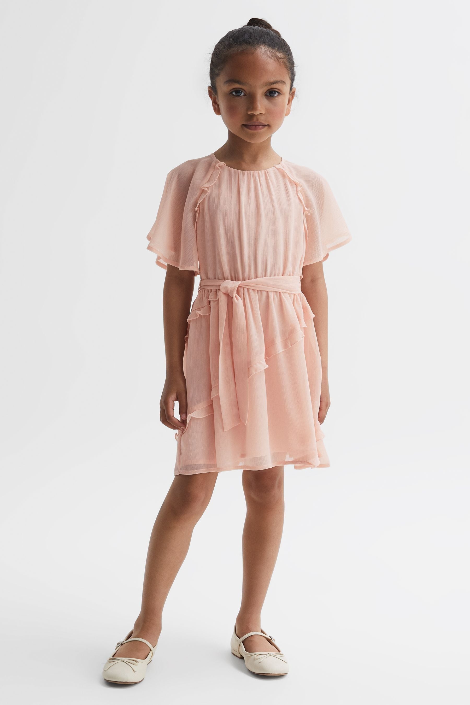 Reiss Aubrey Frill Dress Polyester Plain, Pink Size: 13-14Yrs