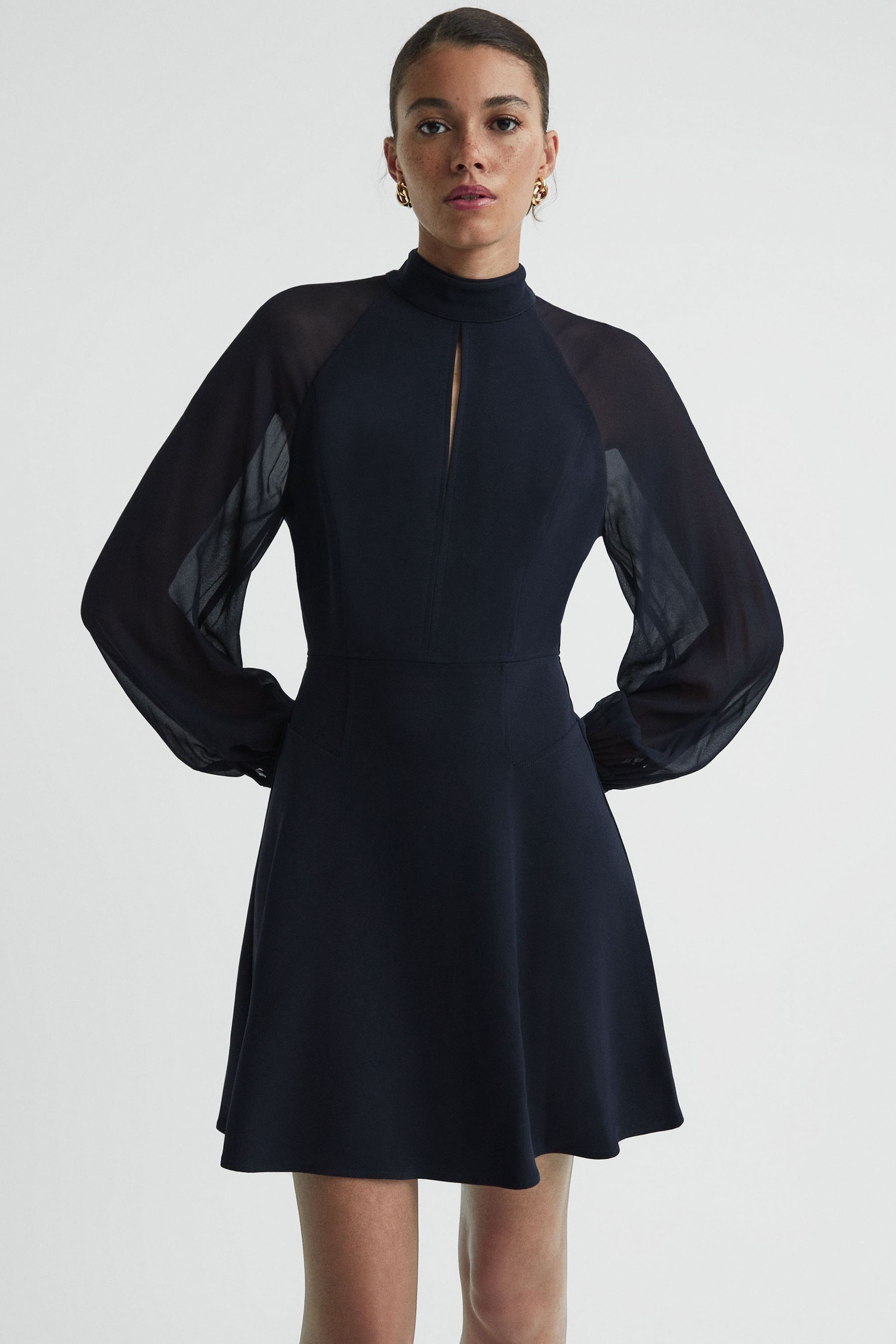 Reiss Perry - Navy Sheer Blouson Sleeve Mini Dress, Us 0