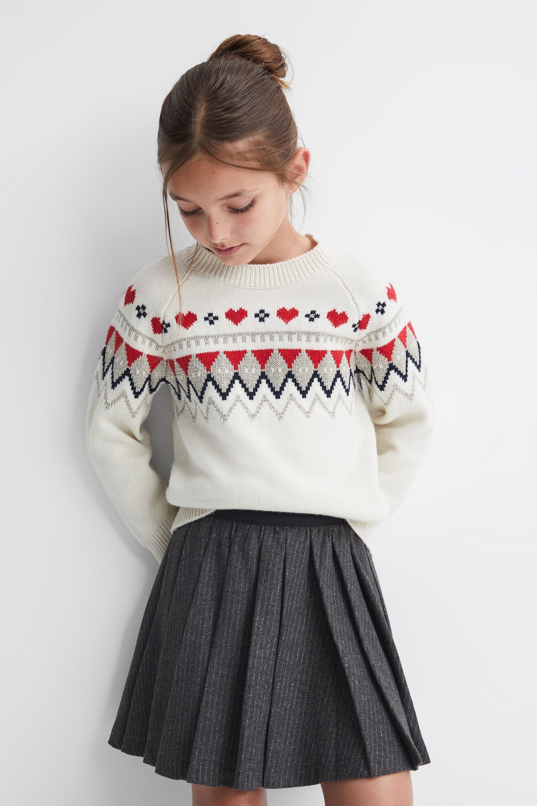 Reiss Kids' Marcie - Dark Grey Junior Wool Blend Striped Pleated Skirt, 7 - 8 Years