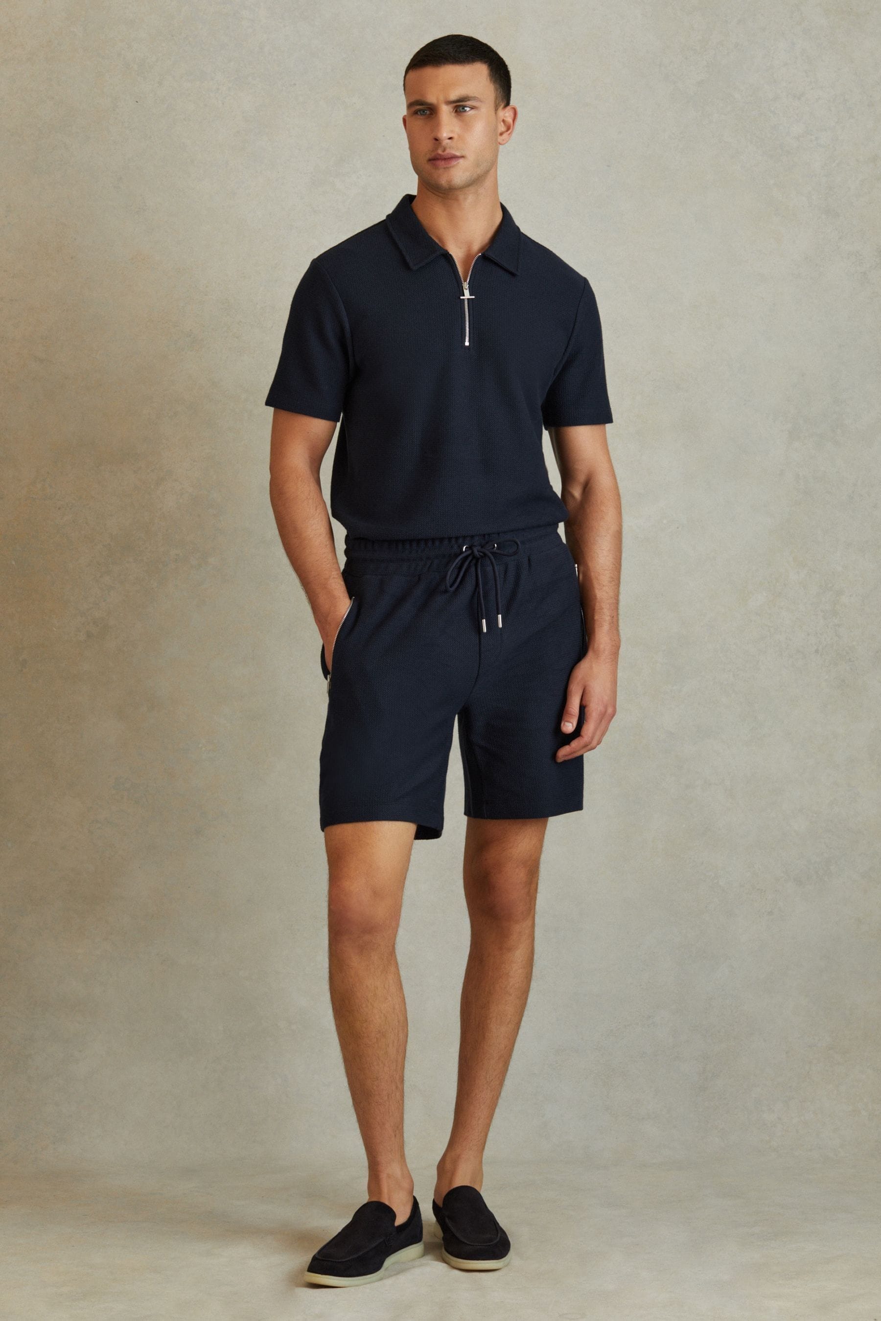 Shop Reiss Hester - Navy Textured Cotton Drawstring Shorts, M