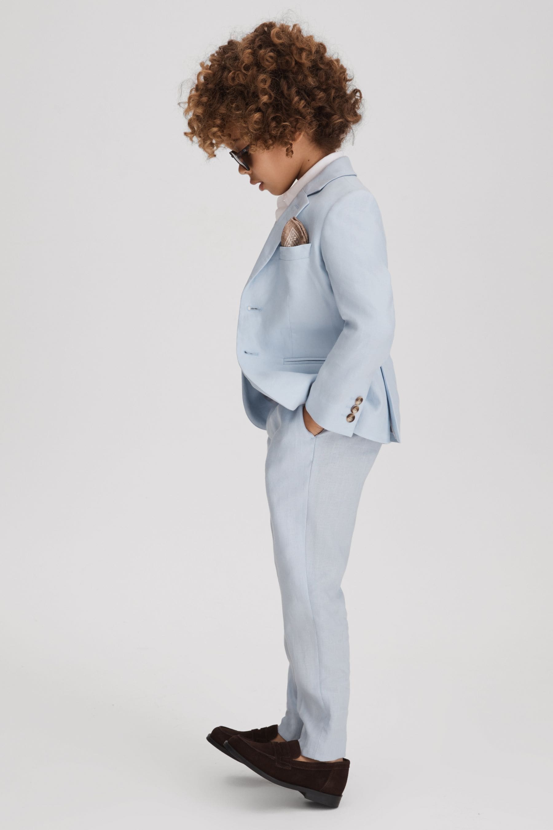 Shop Reiss Kin - Soft Blue Senior Slim Fit Linen Adjustable Trousers, Uk 10-11 Yrs