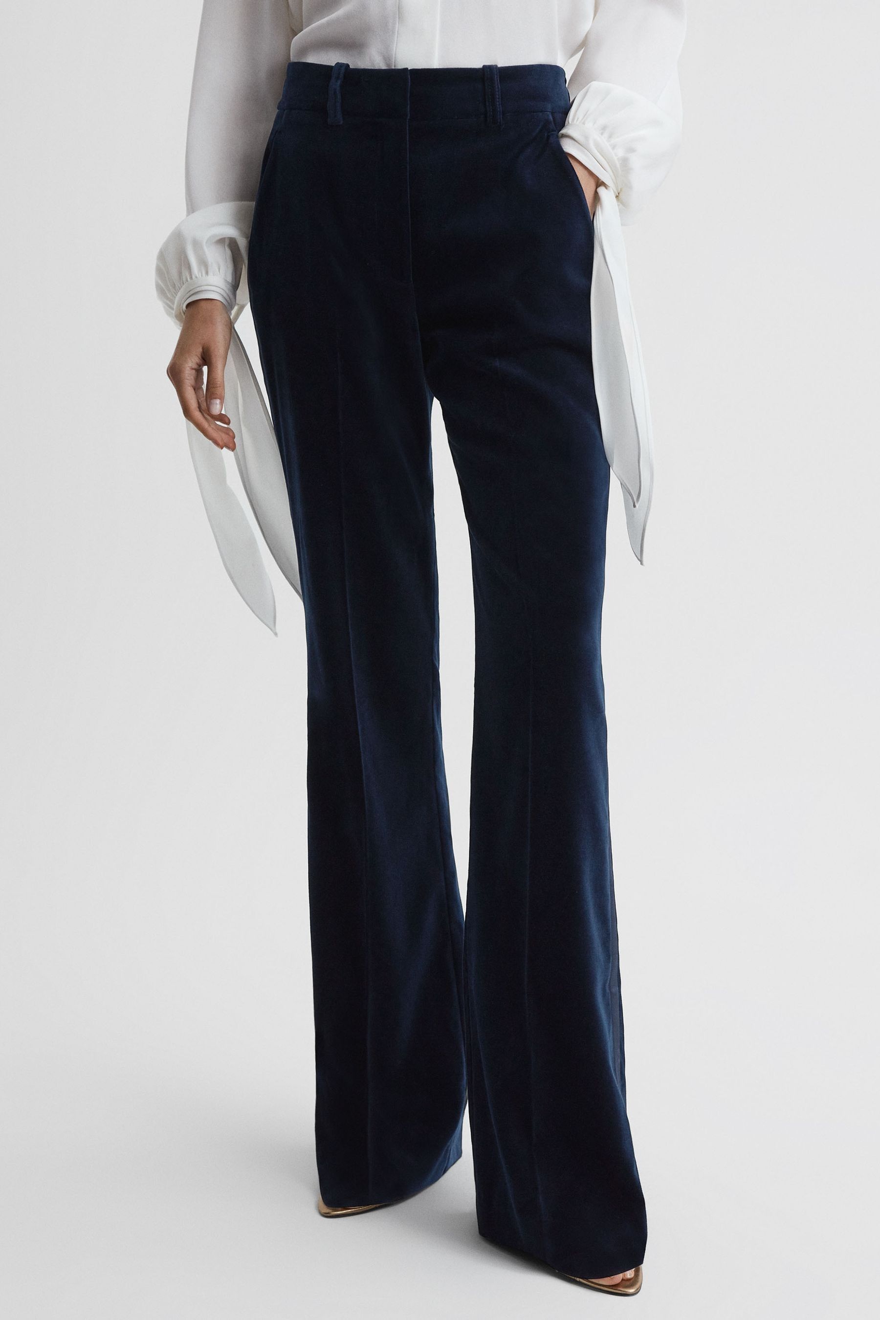 REISS BREE - NAVY VELVET FLARED SUIT TROUSERS, UK 14 R