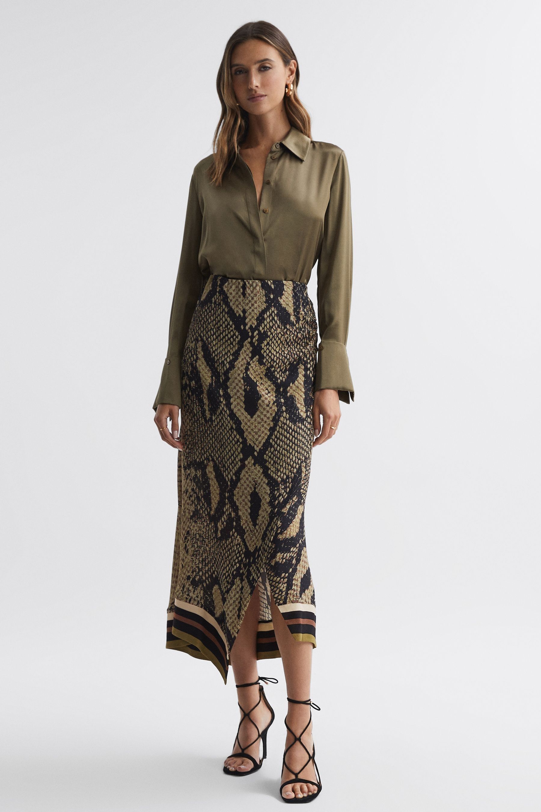 Reiss Daria - Brown Snake Print Midi Skirt, Us 4