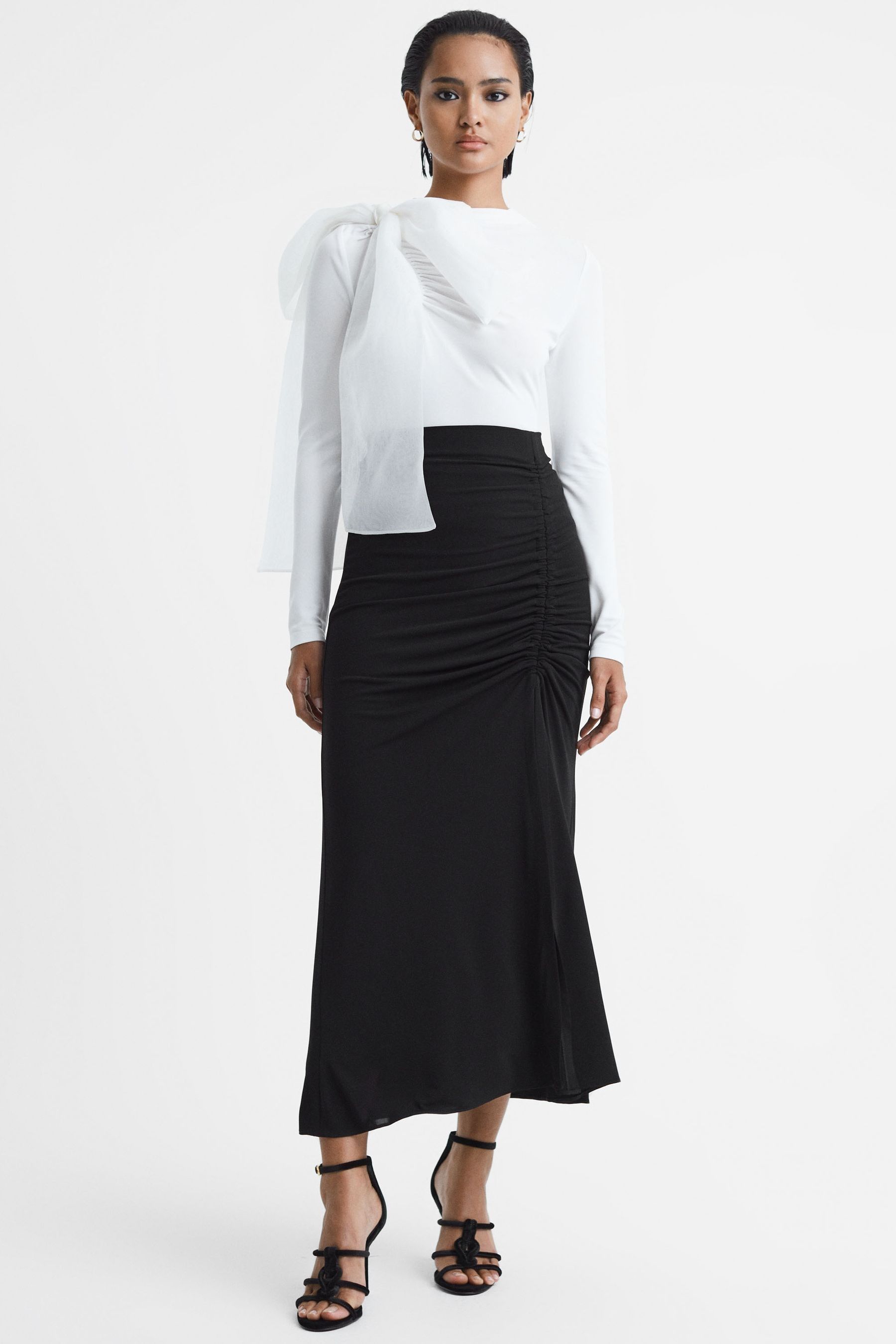Reiss Eleanor - Black High Rise Ruched Fitted Midi Skirt, Us 10