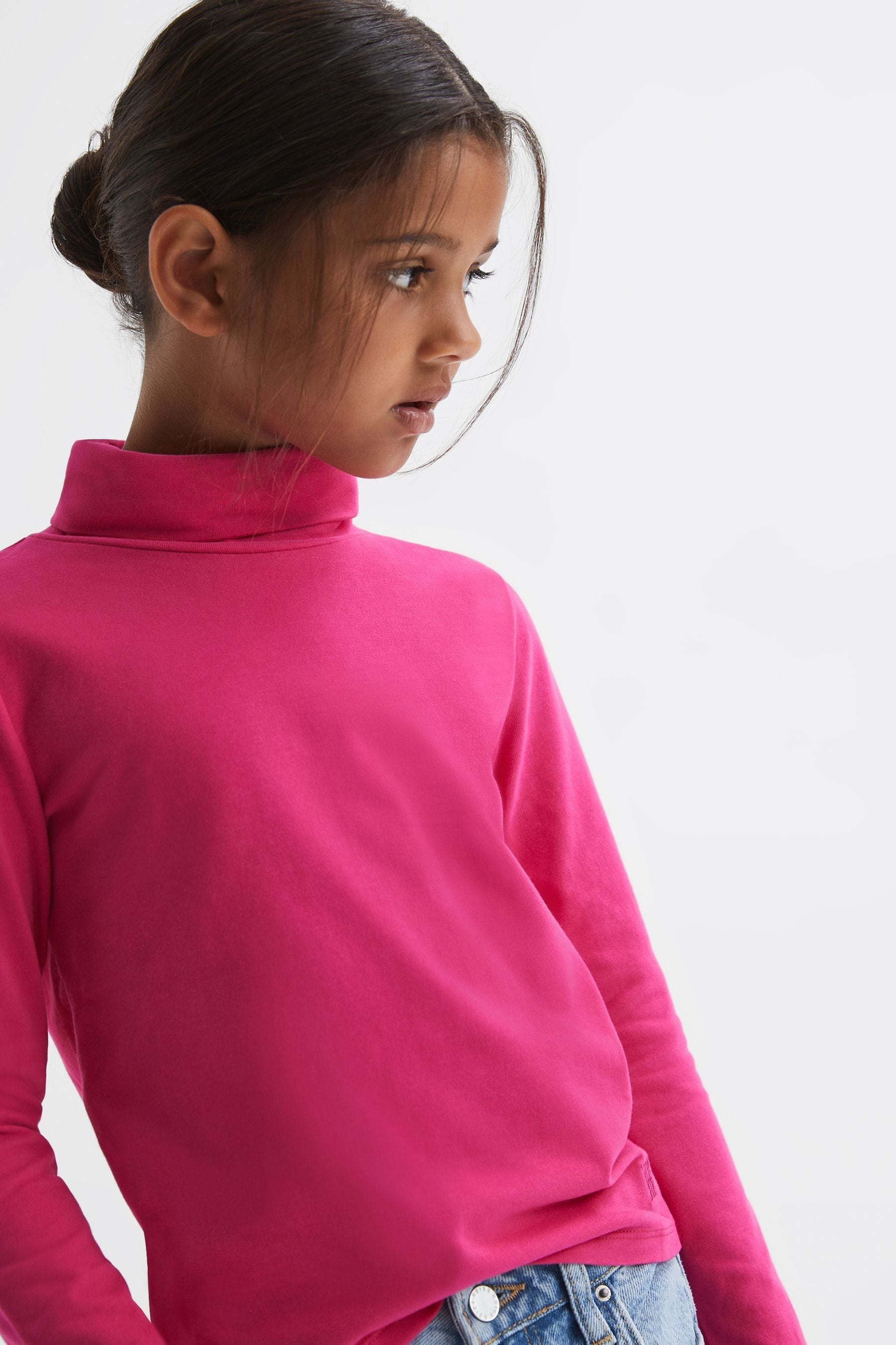 Reiss Kids' Carey - Bright Pink Junior Cotton Blend Roll Neck Top, Age 4-5 Years