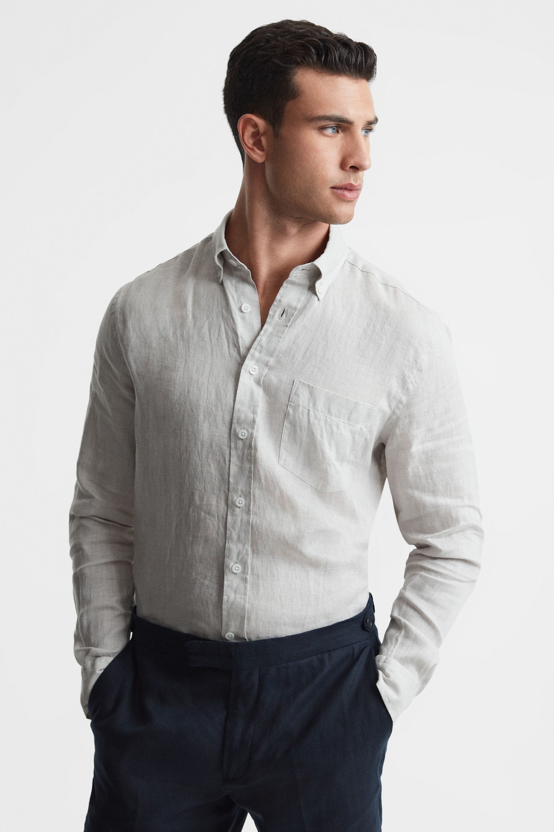 Reiss Quick - Stone Slim Fit Full Sleeve Linen Button-down Shirt, Xl
