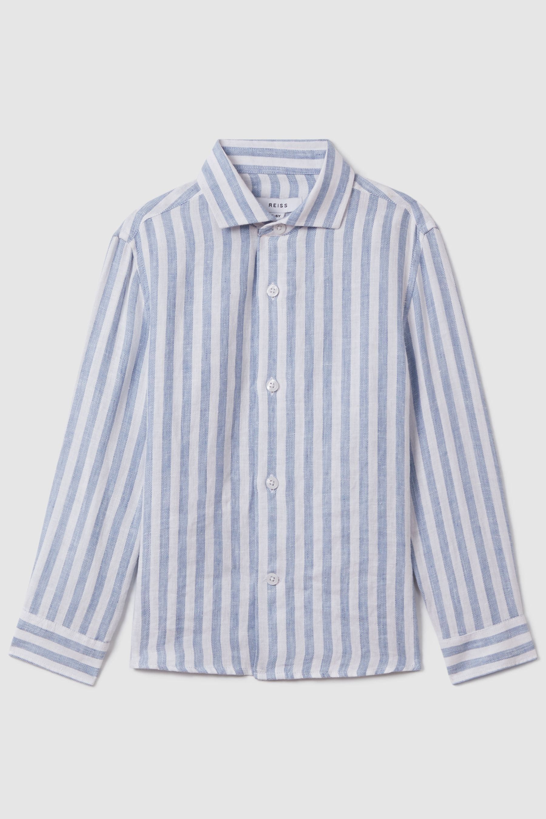 Reiss Kids' Ruban - Blue Linen Button-through Striped Shirt, Uk 13-14 Yrs