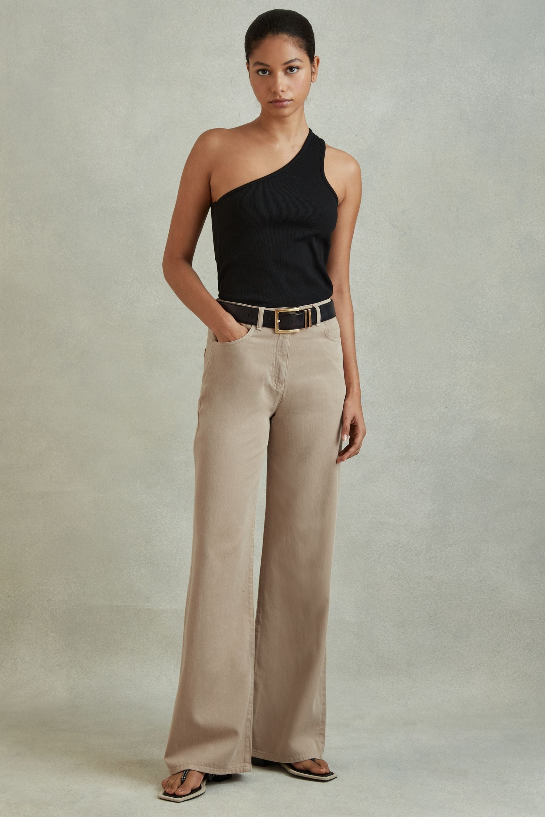 Reiss Light Camel Garment Dyed Wide Leg Trousers, 12