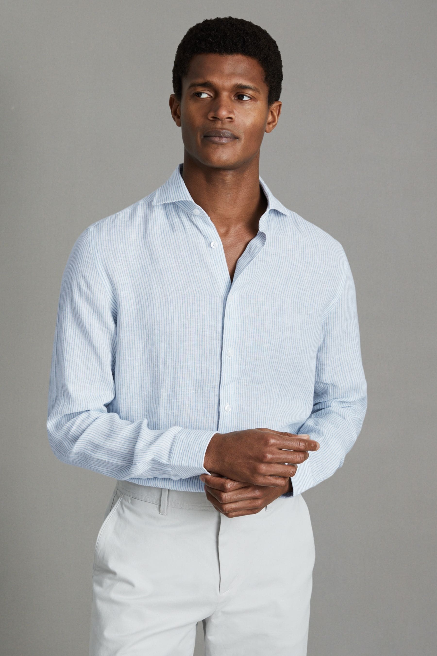 Shop Reiss Ruban - Soft Blue Fine Stripe Linen Button-through Shirt, Xl