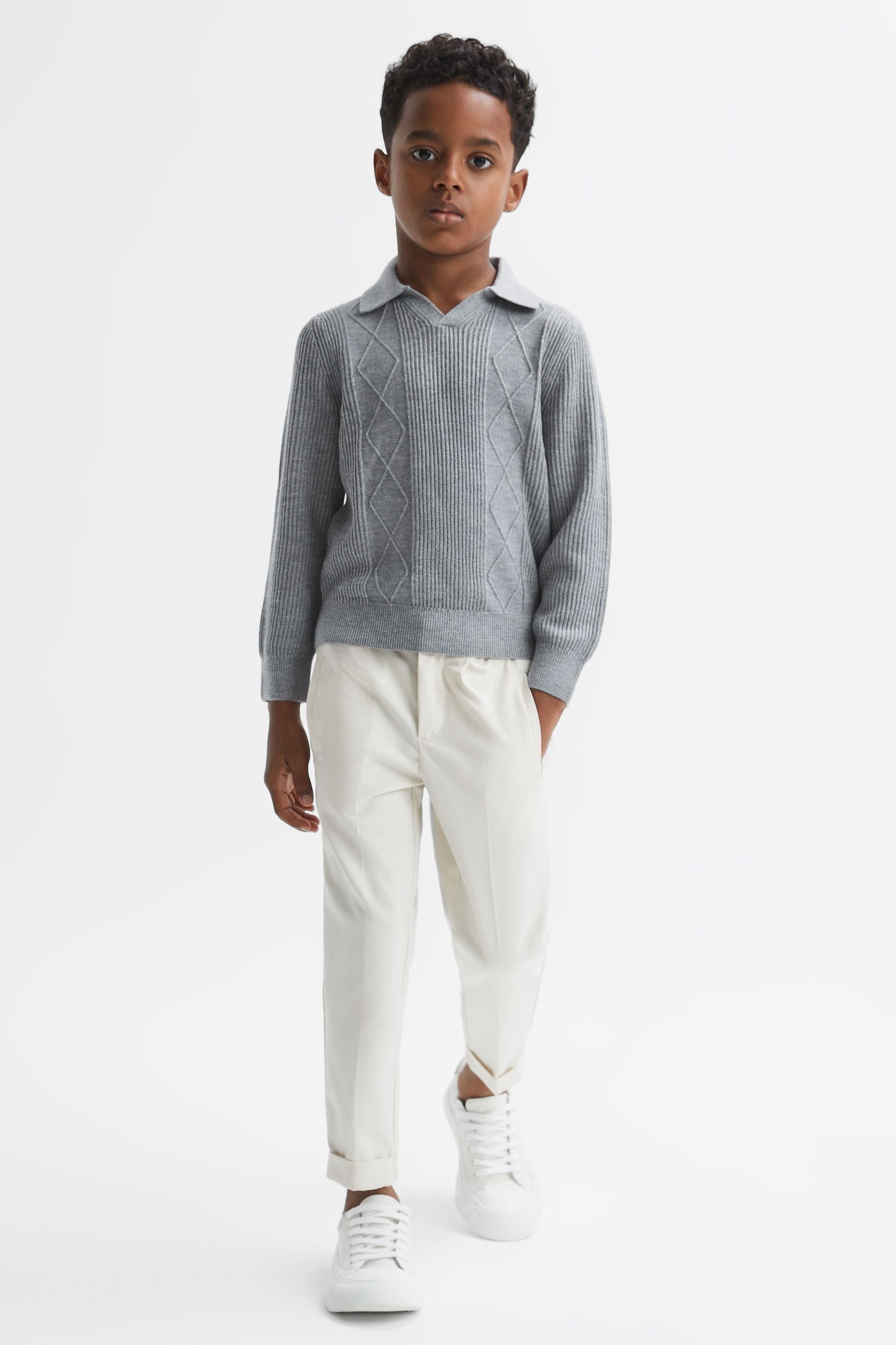 Reiss Kids' Malik - Soft Grey Melange Junior Knitted Open-collar Top, 3 - 4 Years