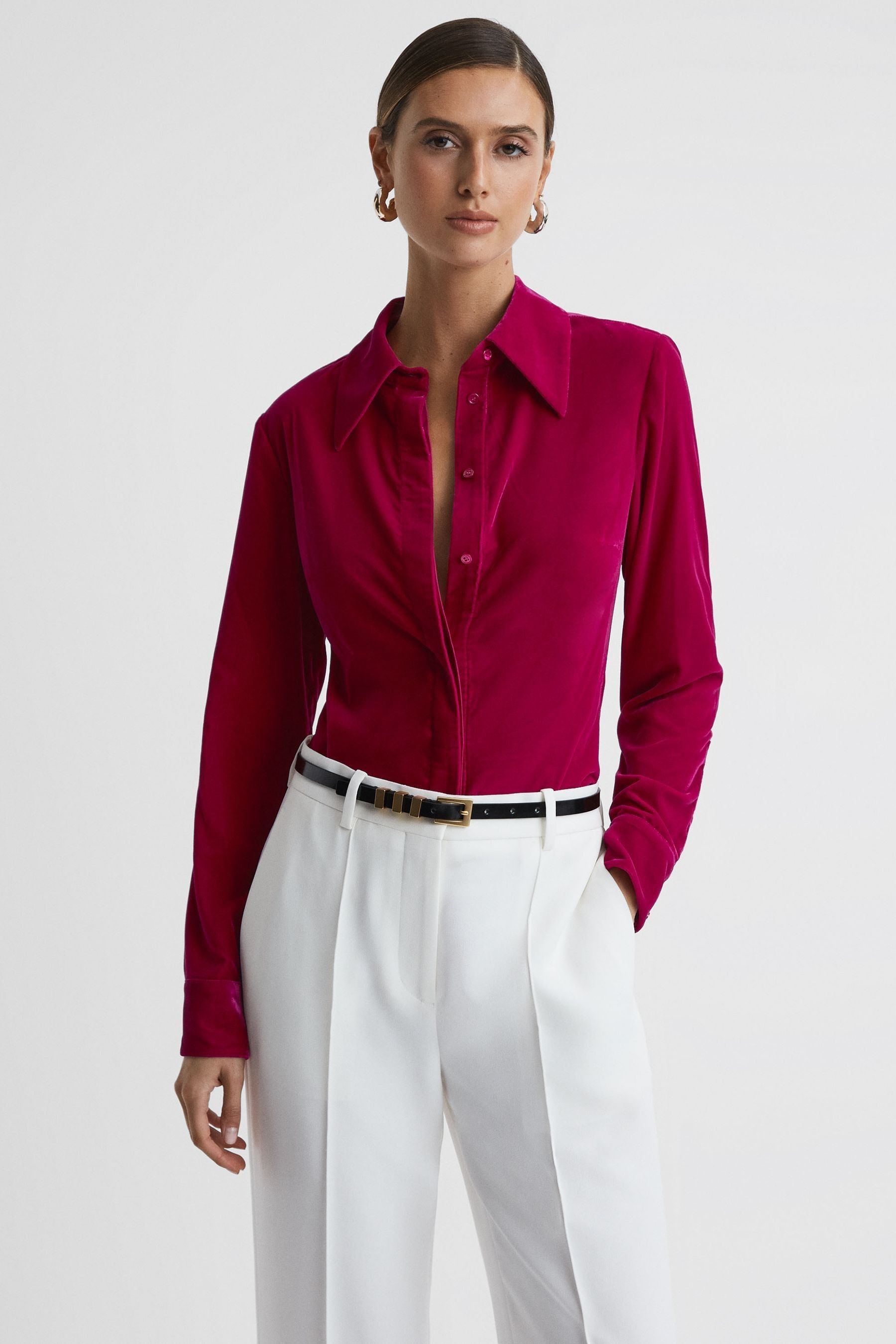 Reiss Carly - Pink Velvet Button-through Shirt, Us 6