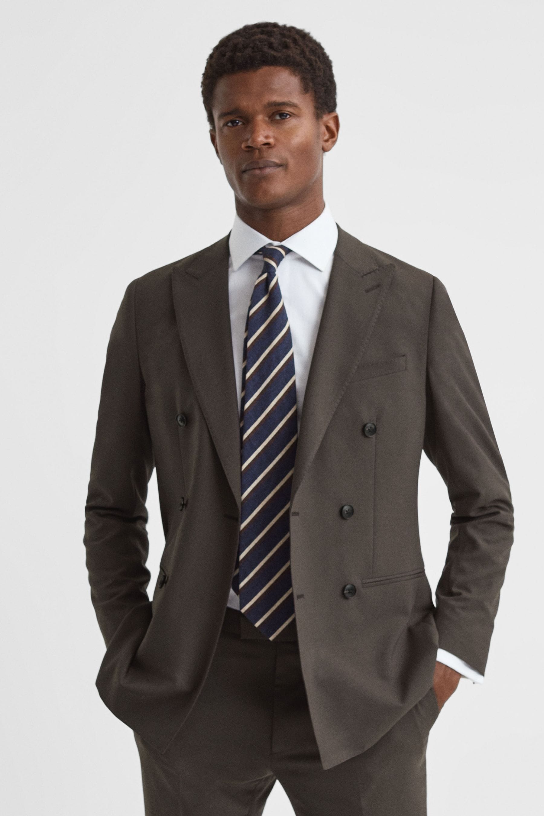 Reiss Chocolate Slim Fit Wool Blend Double Breasted Blazer, 44