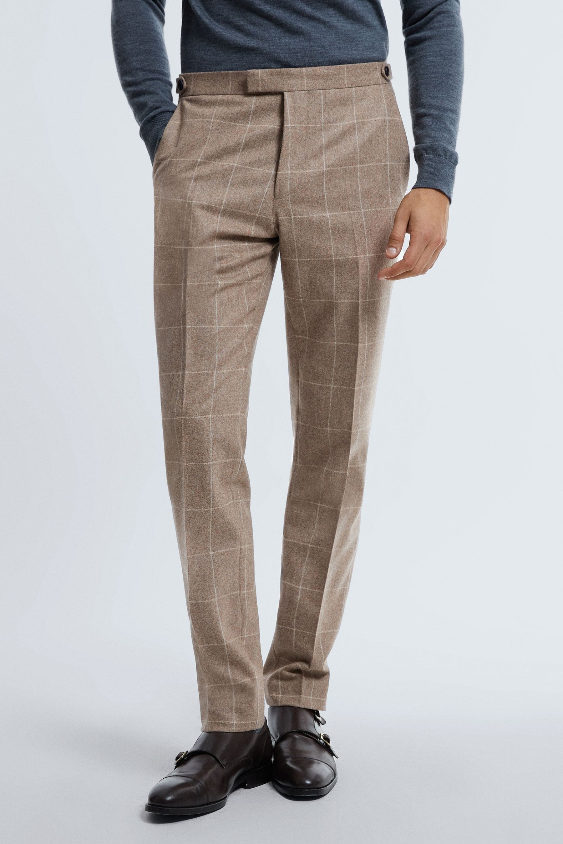 Atelier Italian Wool Cashmere Slim Fit Check Trousers In Oatmeal