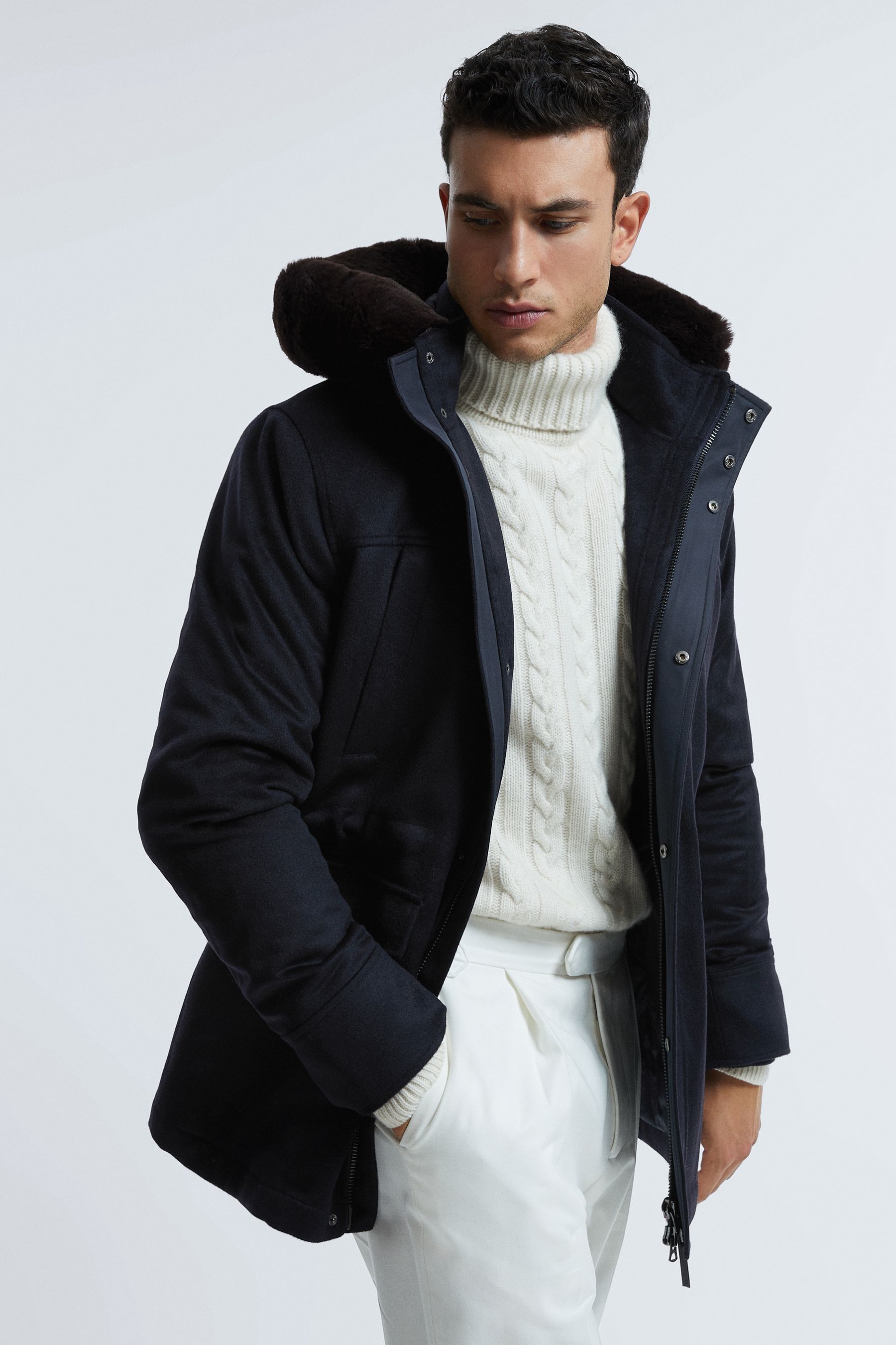 Atelier Cashmere Removable Faux Fur Hooded Coat In Navy