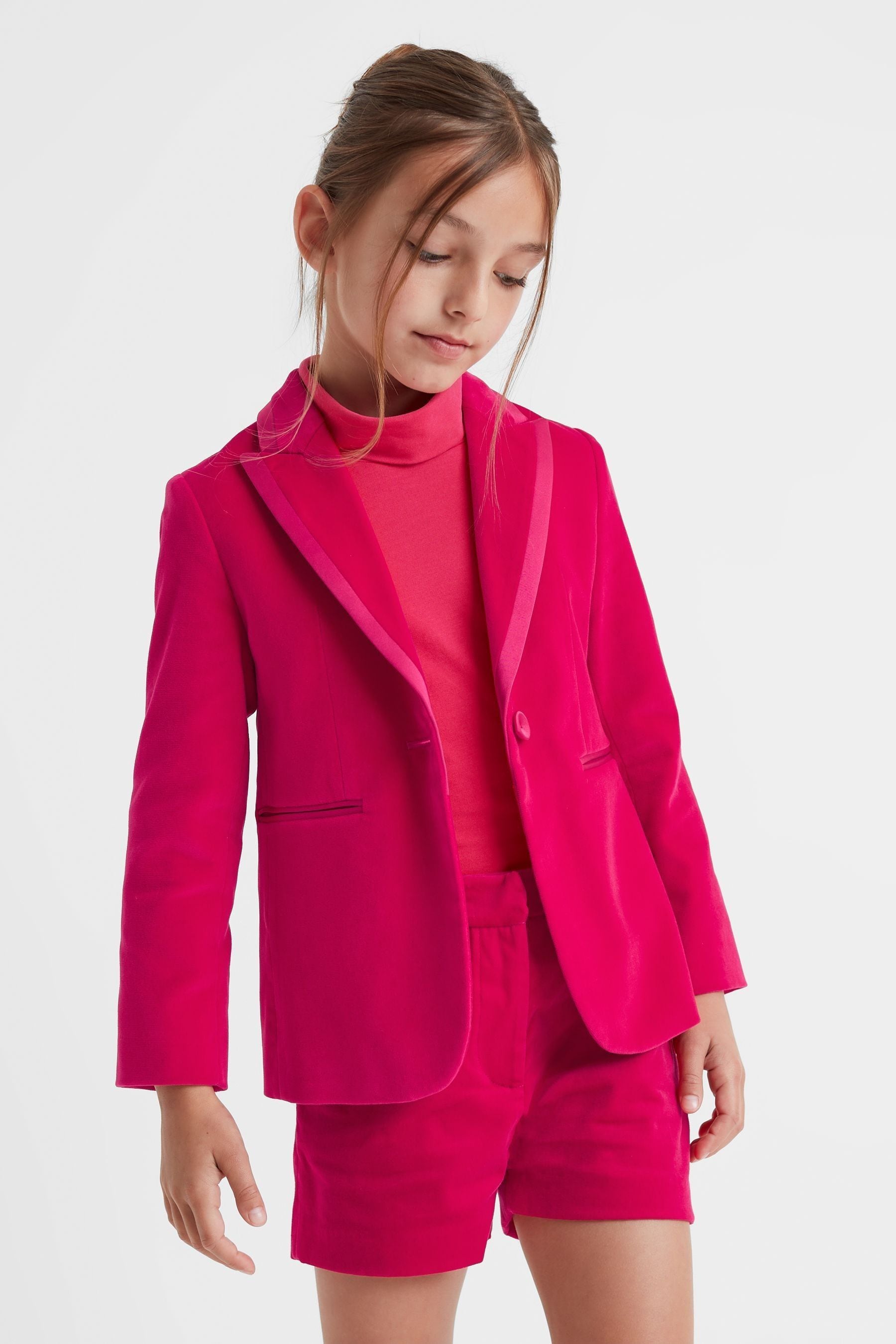 Reiss Kids' Bree - Bright Pink Junior Single Breasted Velvet Blazer, Age 6-7 Years