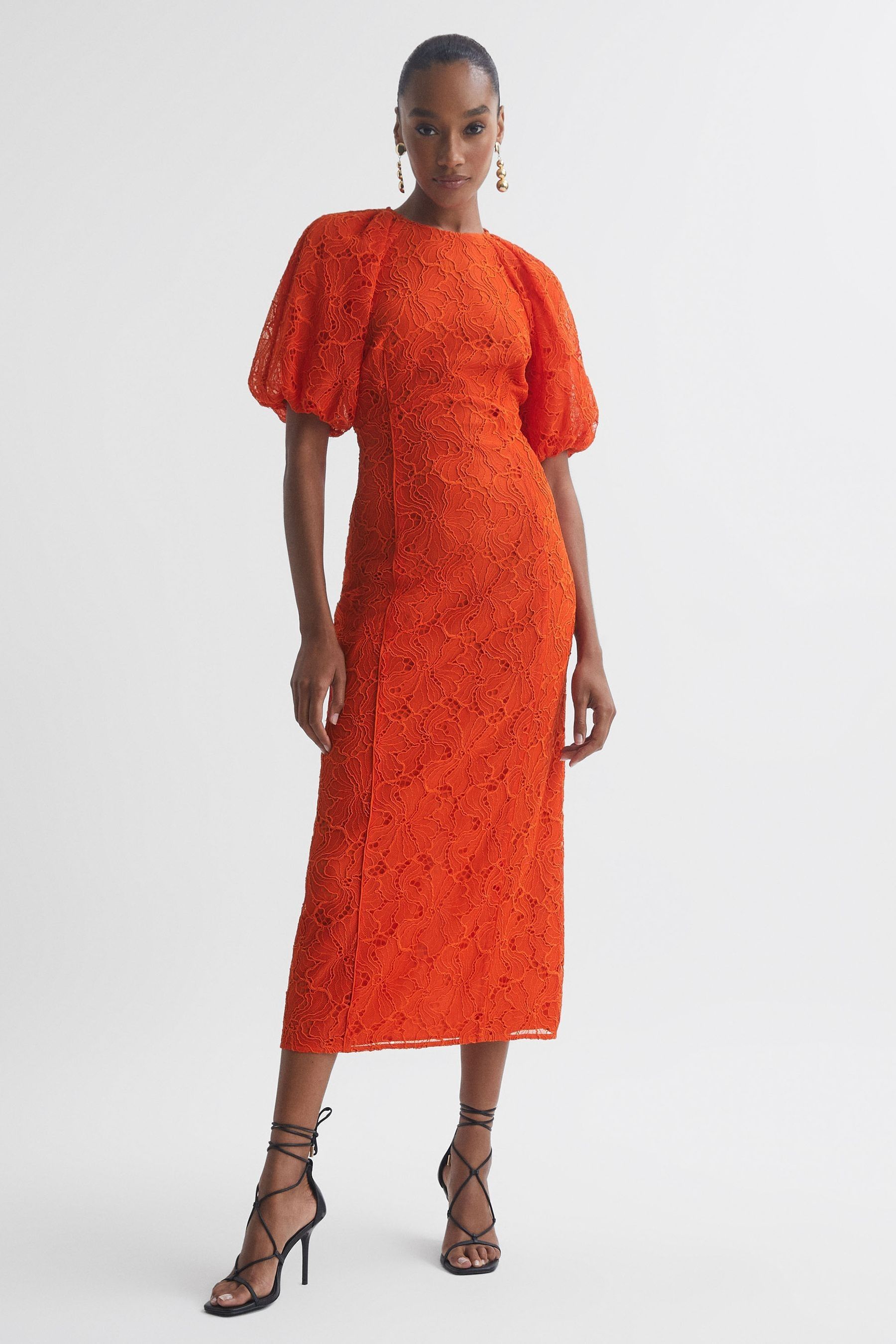 Florere Lace Puff Sleeve Midi Dress In Orange