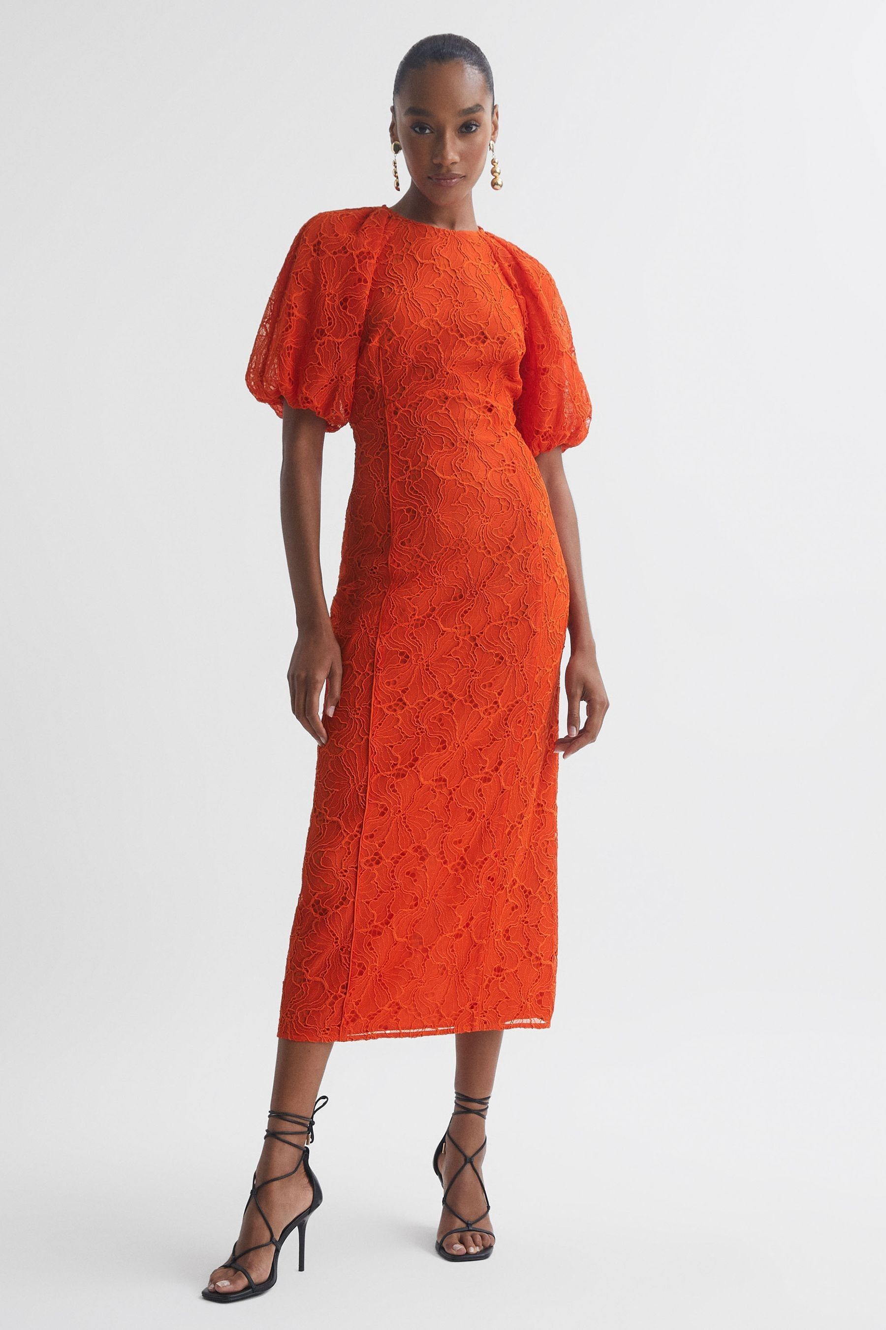 orange puff sleeve midi dress Buy Orange Stripe Puff Sleeve Shirred Midi Dress from Next USA