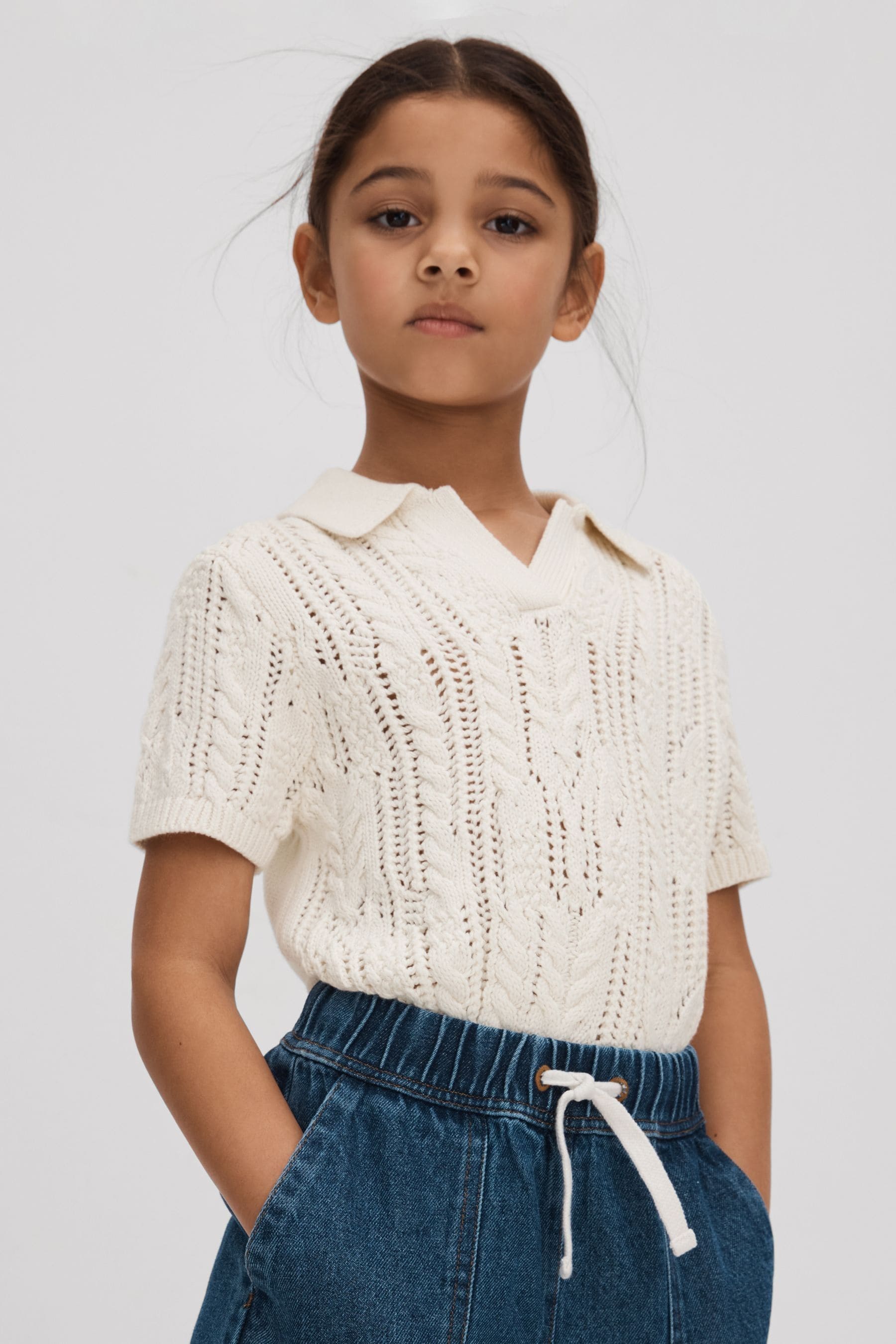 Shop Reiss Eula - Ecru Crochet Open Collar Polo Shirt, 4 - 5 Years
