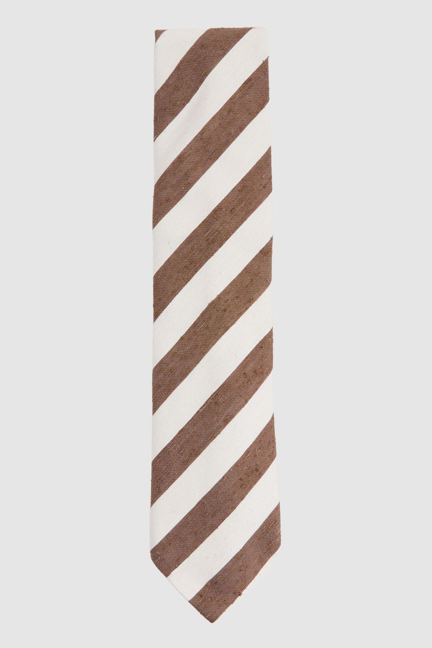 Reiss Sienna - Chocolate/ivory Textured Silk Blend Striped Tie, In Brown