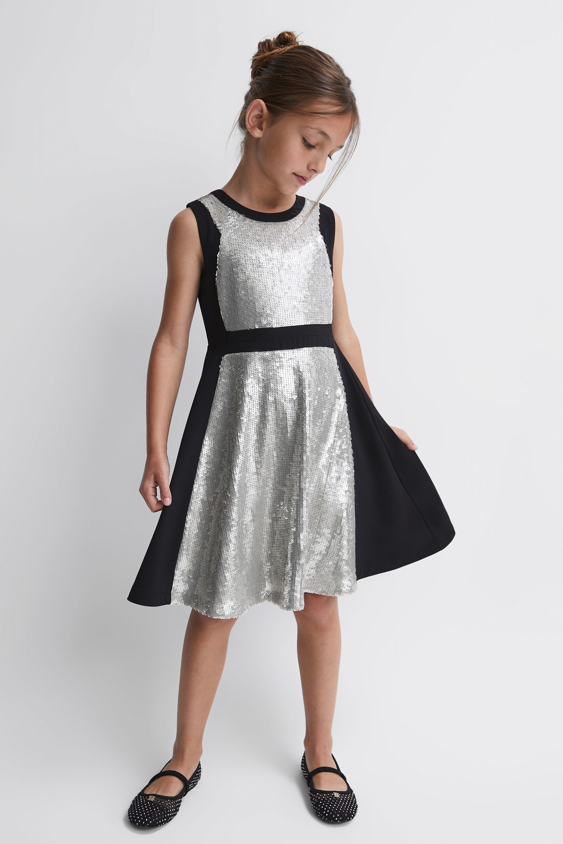 Reiss Kids' Libra - Black Junior Relaxed Fit Sequin Dress, Age 4-5 Years