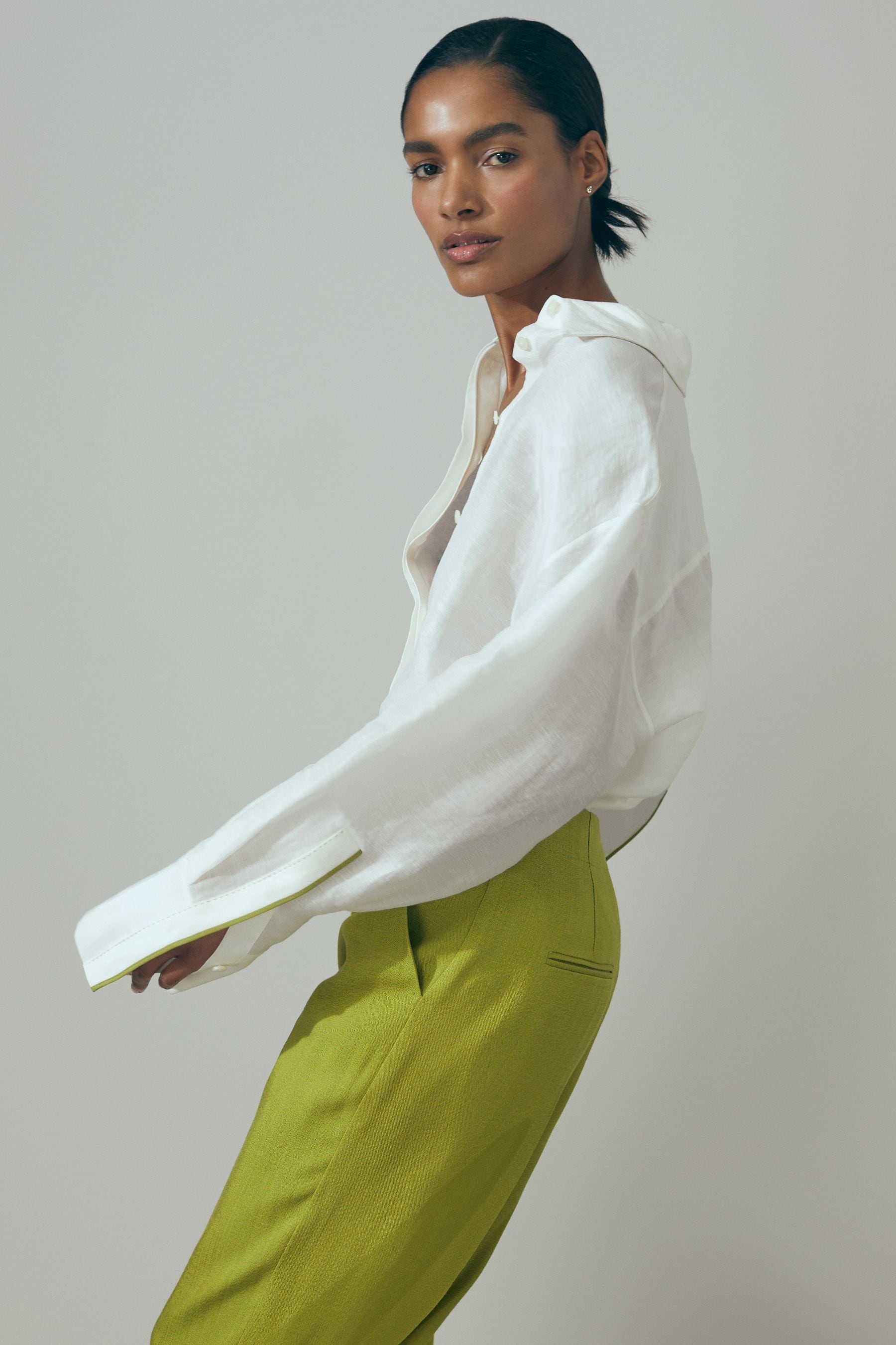 Atelier Juliet Linen Silk Contrast Button Through Shirt In Ivory