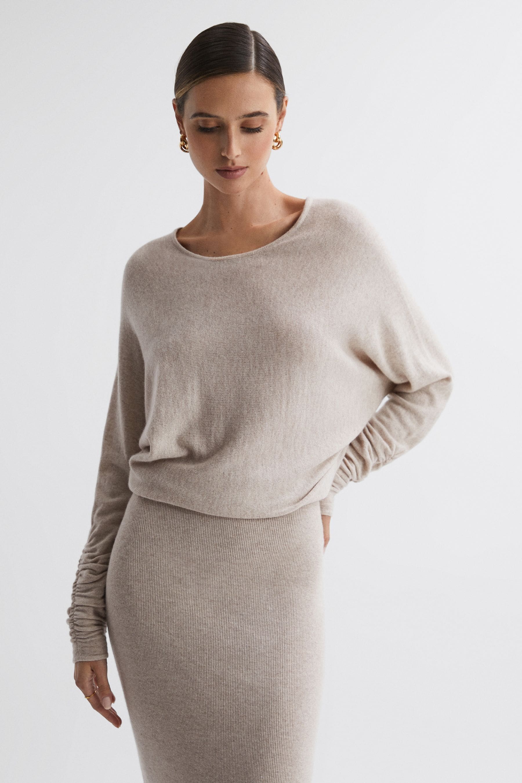 Reiss Leila - Neutral Petite Wool Blend Ruched Sleeve Midi Dress, M