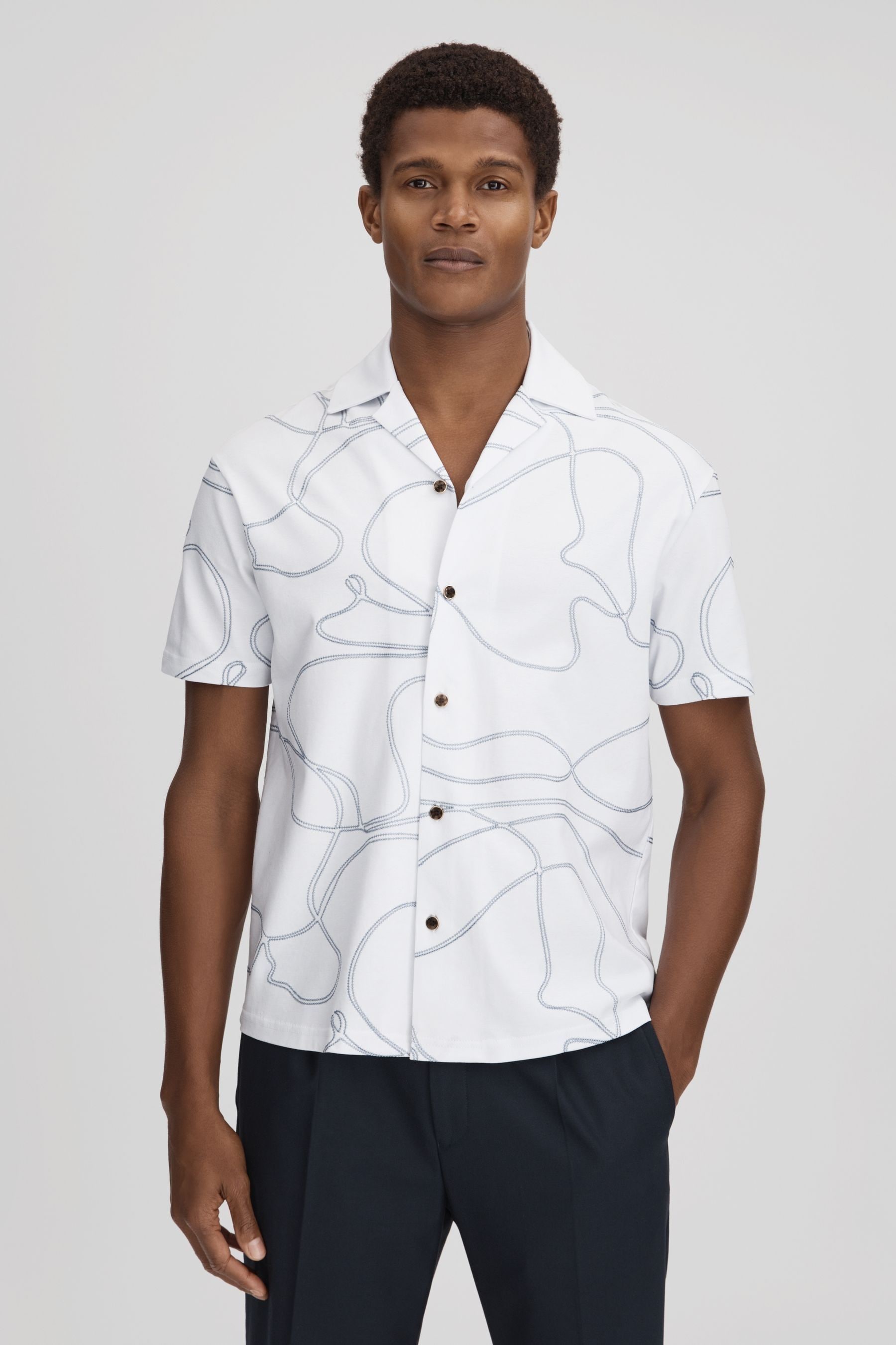 Reiss Menton - White/air Force Blue Cotton Jersey Embroidered Shirt, S