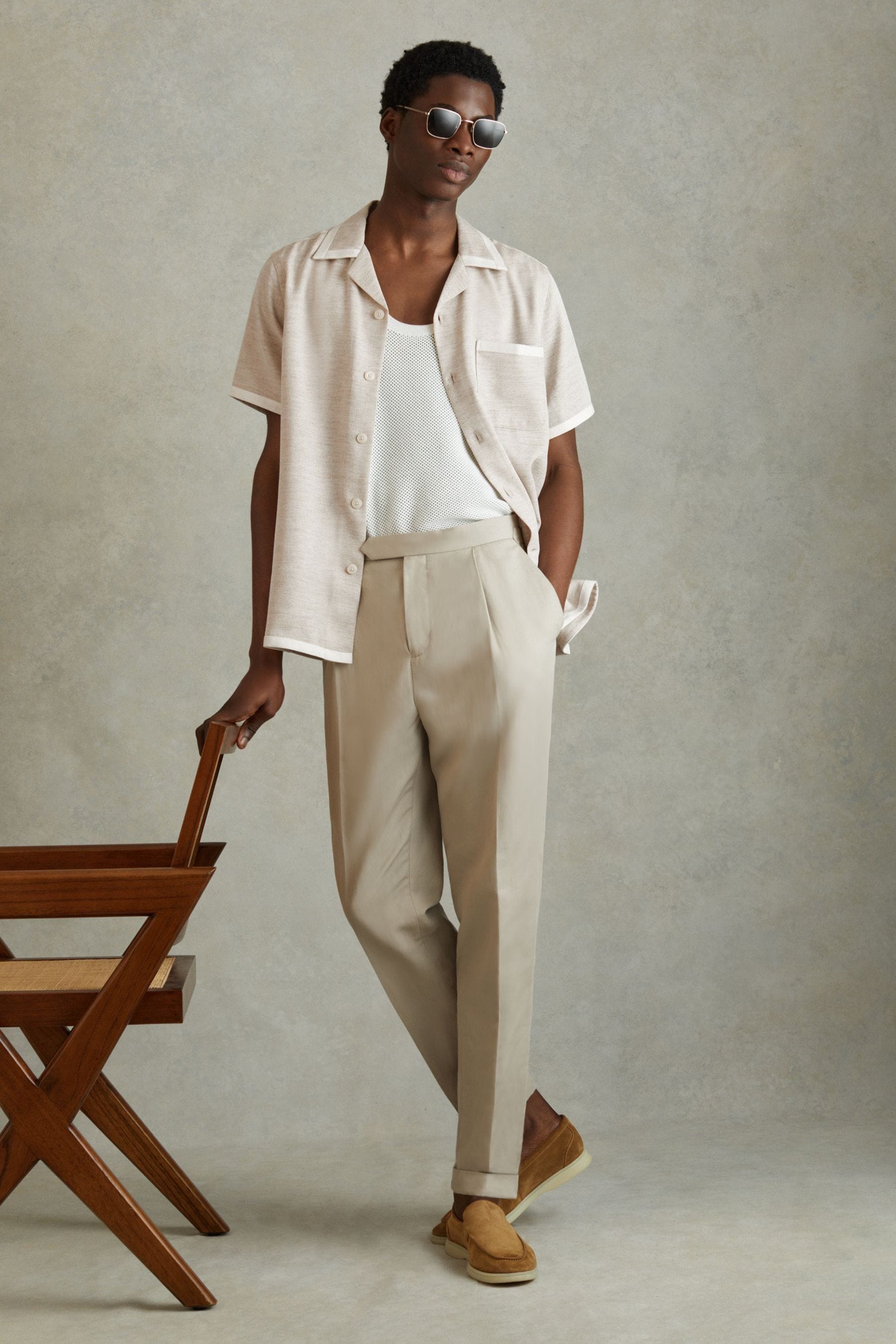 Shop Reiss Vita - Oatmeal/white Contrast Trim Cuban Collar Shirt, S