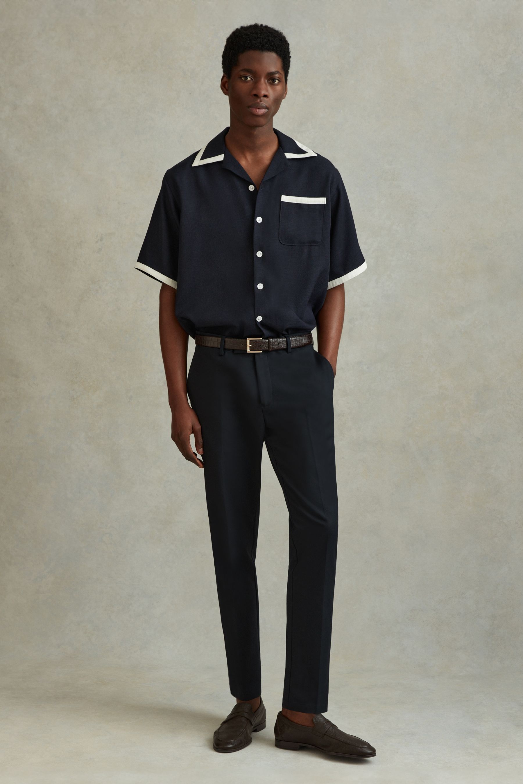 Shop Reiss Vita - Navy/ecru Contrast Trim Cuban Collar Shirt, Xxl