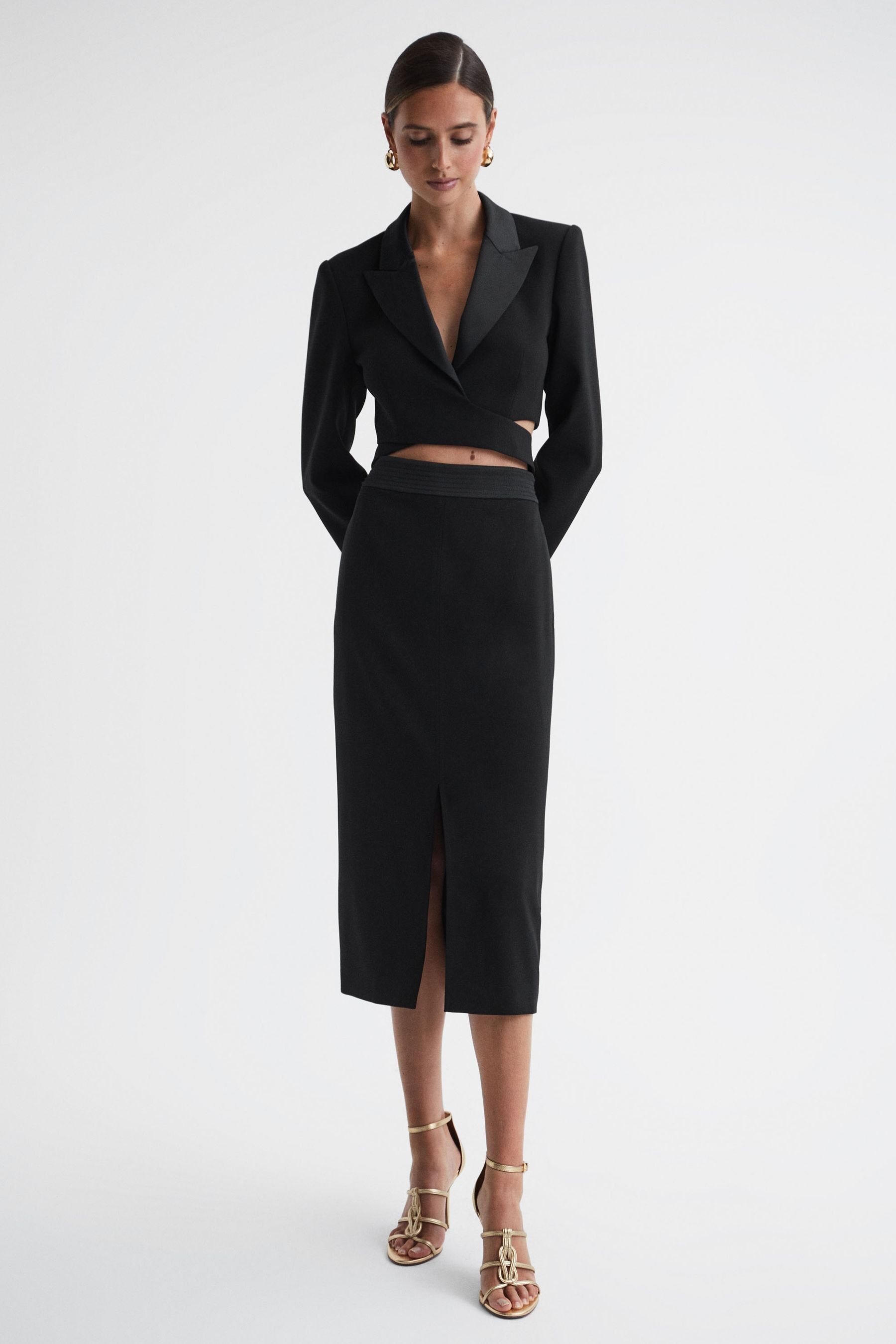 Reiss Quinn High-rise Satin-waistband Stretch-woven Midi Skirt In Black