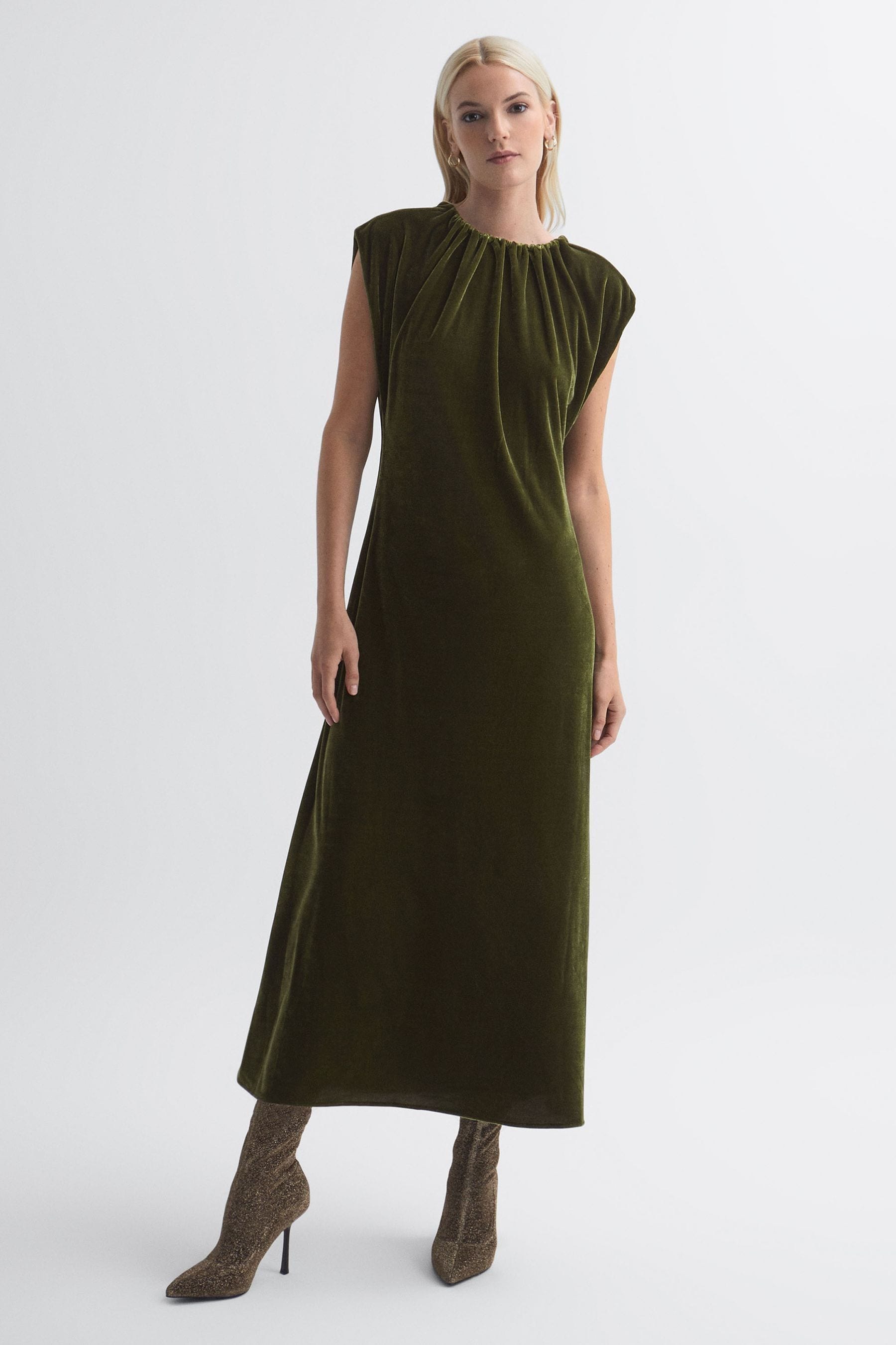 Florere Velvet Tie Neck Midi Dress In Olive