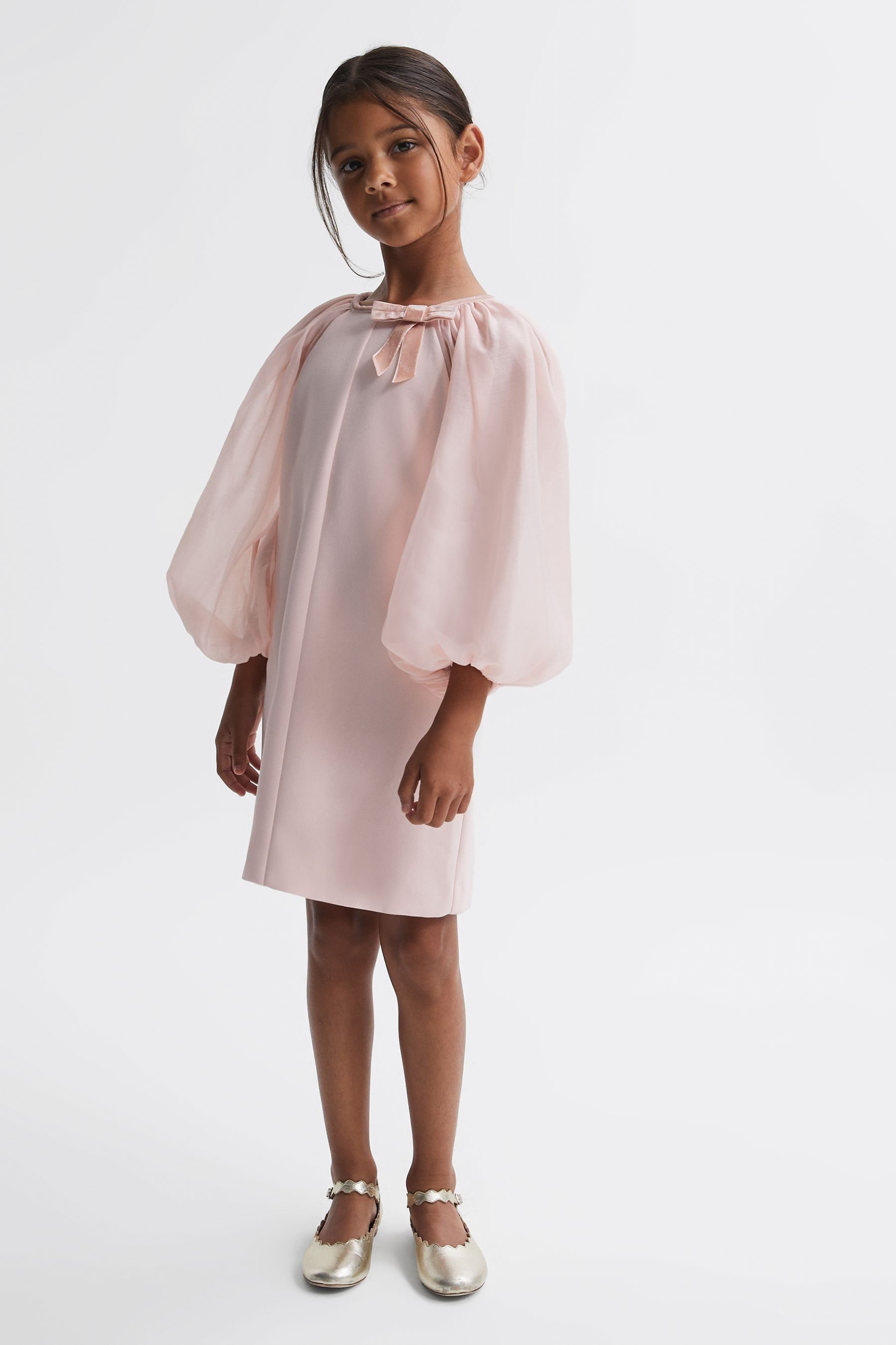 Reiss Kids' Lauren - Pink Junior Blouson Sleeve Bow Dress, Age 4-5 Years